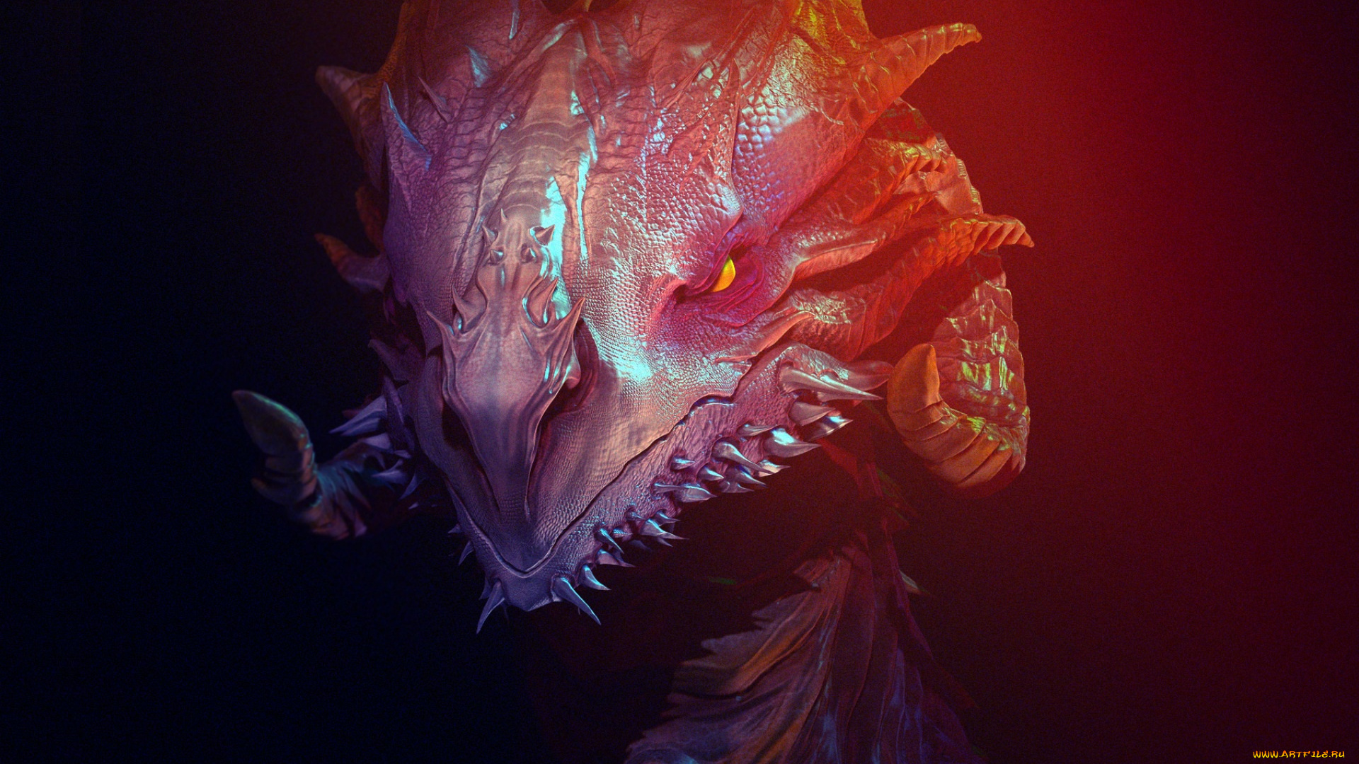 фэнтези, драконы, чешуя, горящий, глаз, рога, дракон, морда, в, темноте, злобный, взгляд, пасть