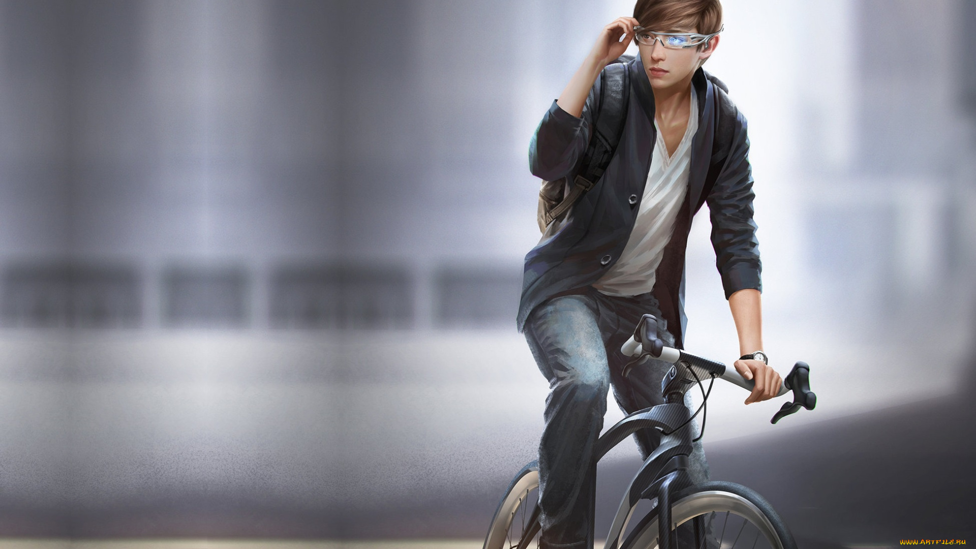 рисованное, люди, велосипед, очки, парень