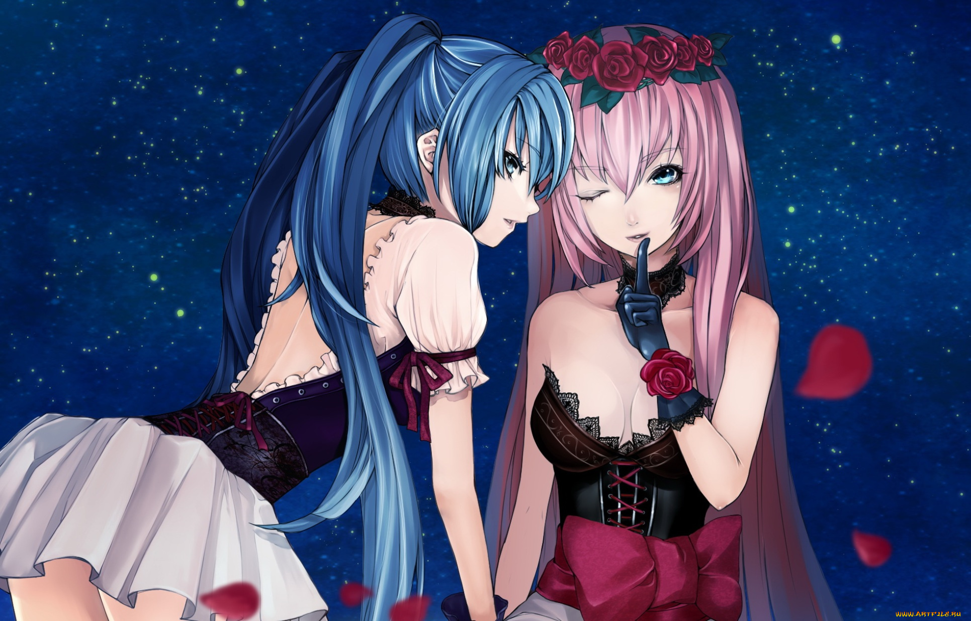 аниме, vocaloid, бант, венок, розы, девушки, секрет