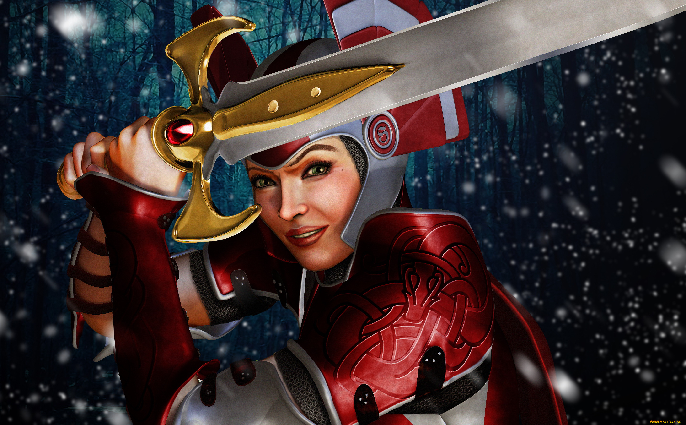 фэнтези, девушки, фон, девушка, улыбка, меч