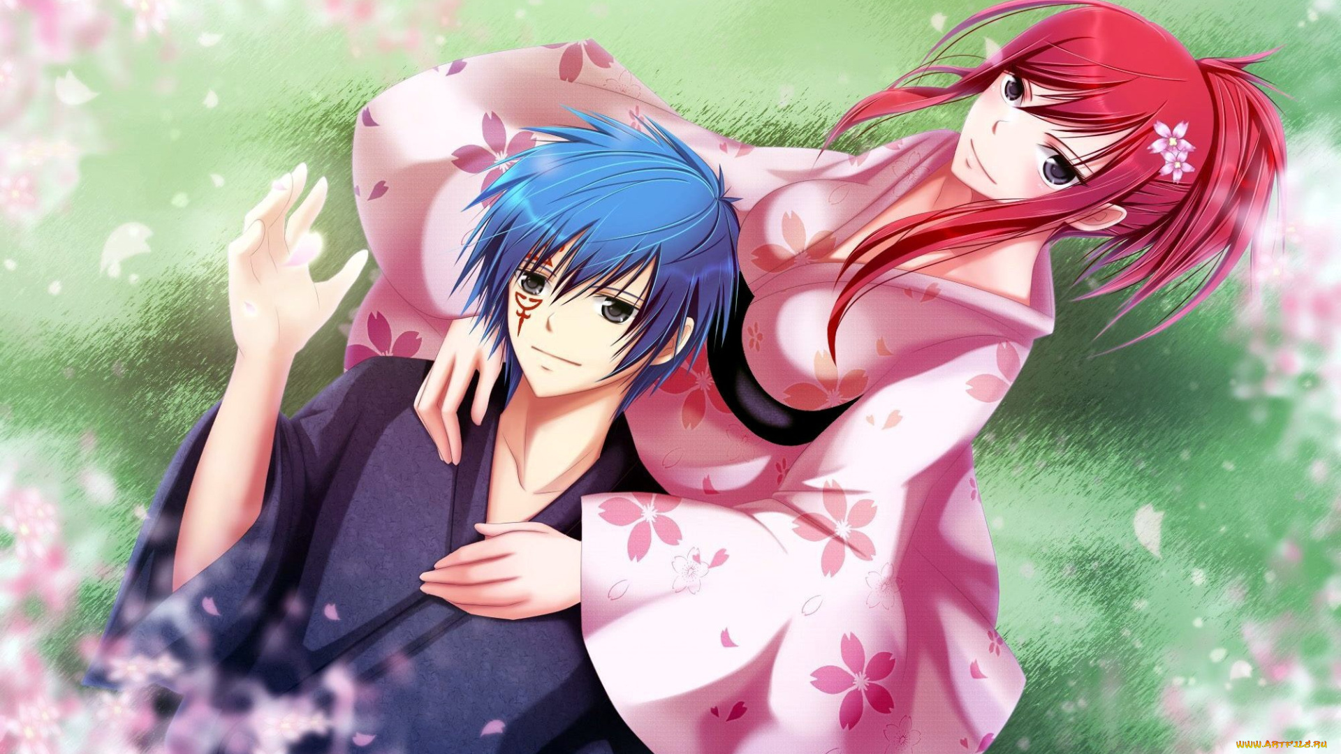 аниме, fairy, tail, лепестки, парень, кимоно, девушка