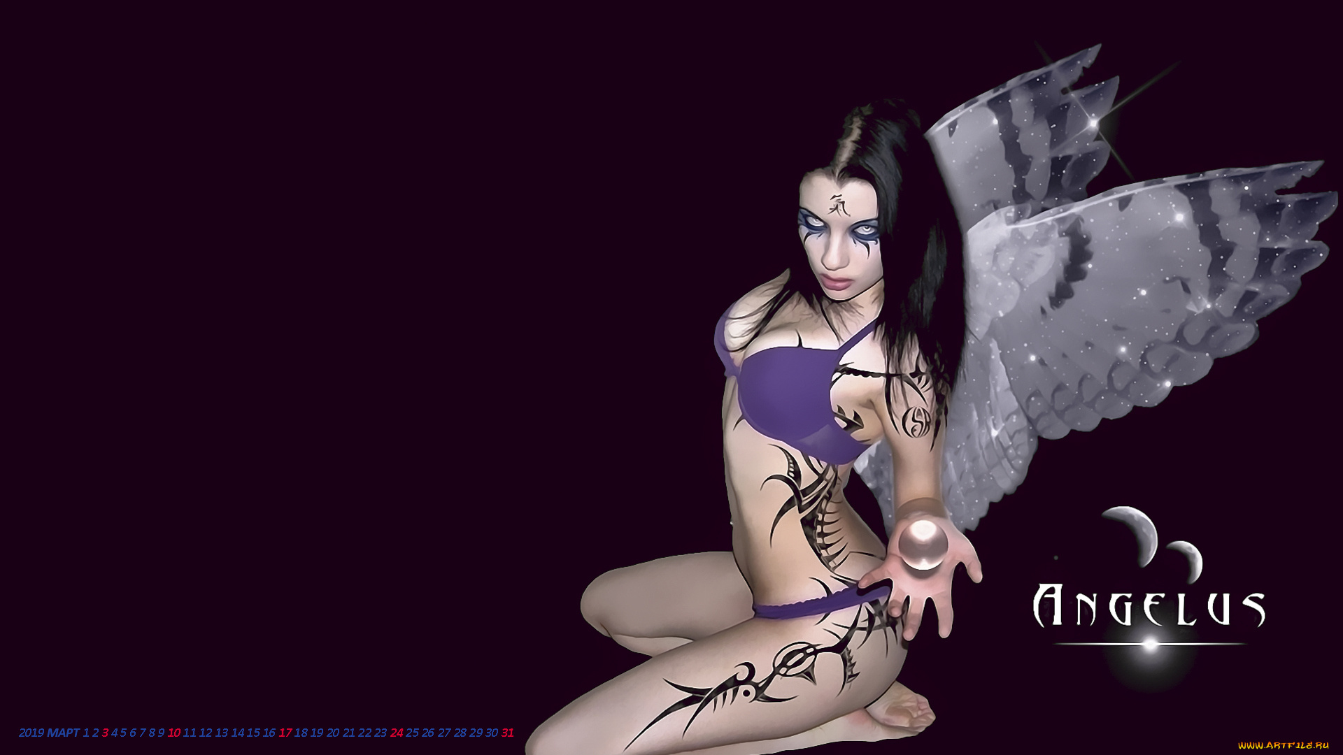 календари, 3д-графика, тату, девушка, крылья, рисунок, узор