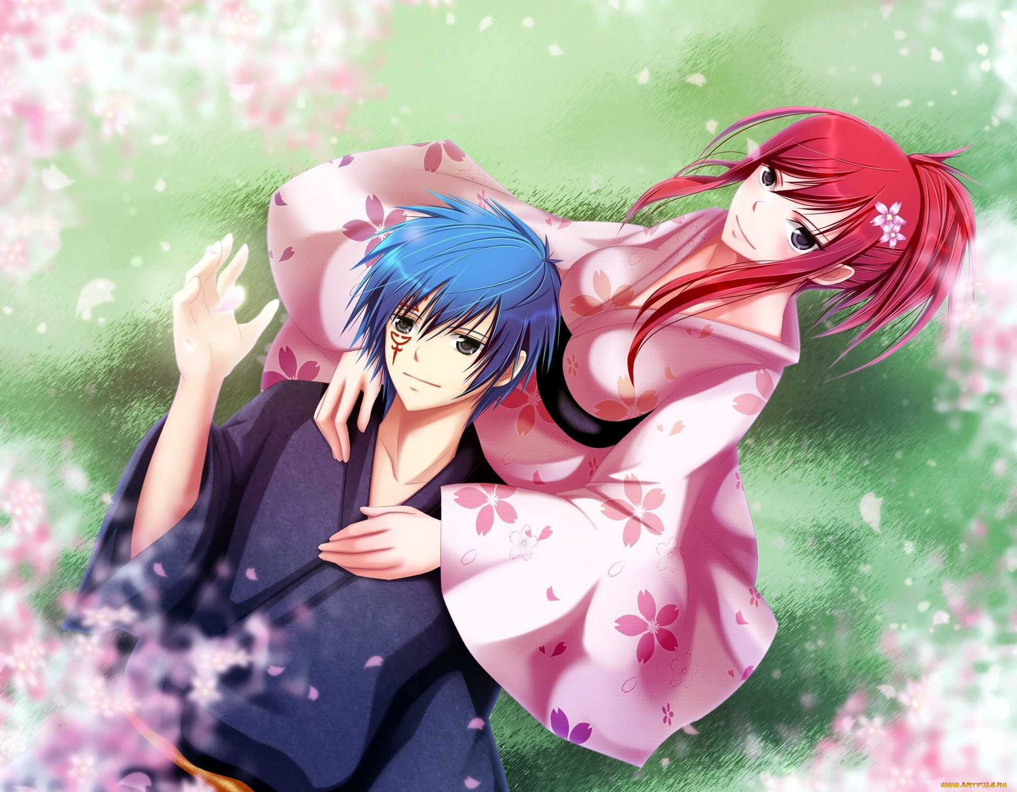 аниме, fairy, tail, лепестки, парень, кимоно, девушка