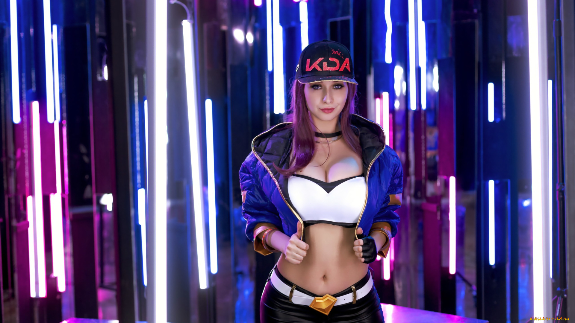девушки, -, рыжеволосые, и, разноцветные, akali, league, of, legends, kda, kotyashenka, кепка, куртка, шорты, косплей