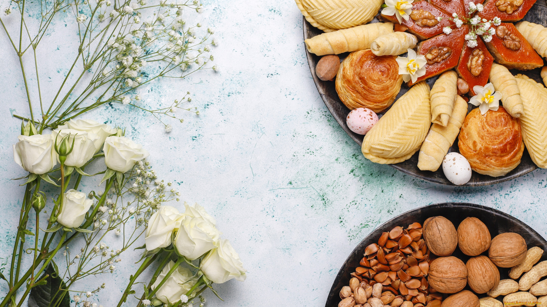 еда, разное, цветы, розы, выпечка, восточные, сладости, орешки