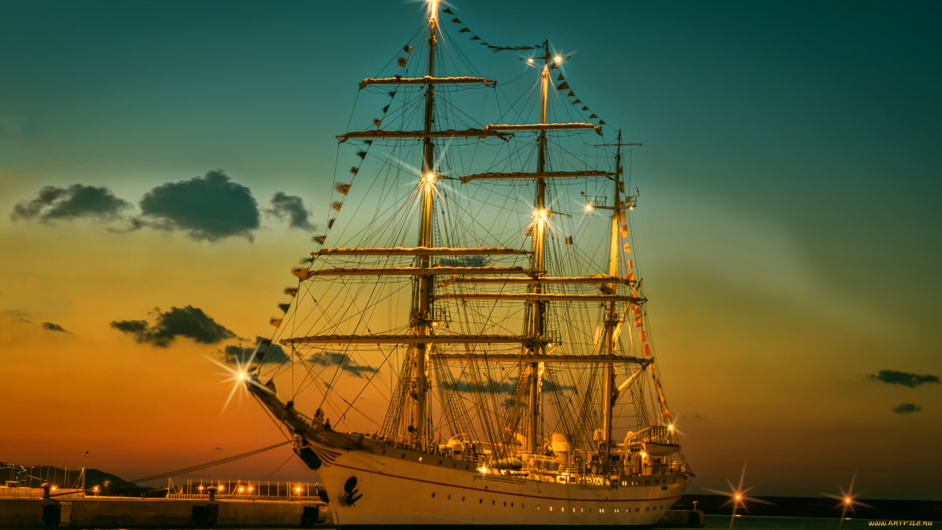 корабли, парусники, ночь, причал, парусник, огни