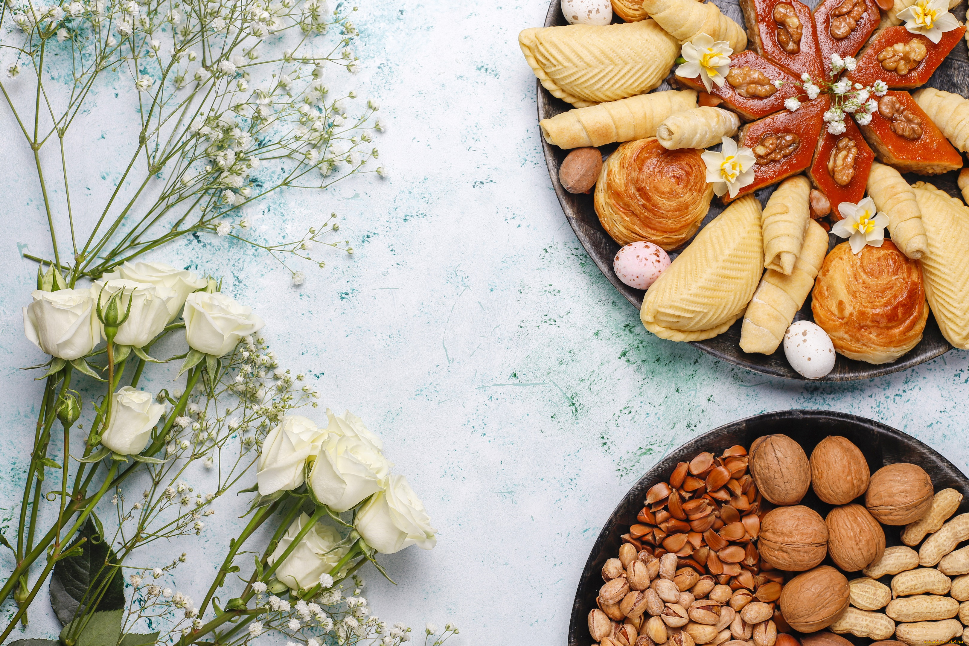 еда, разное, цветы, розы, выпечка, восточные, сладости, орешки