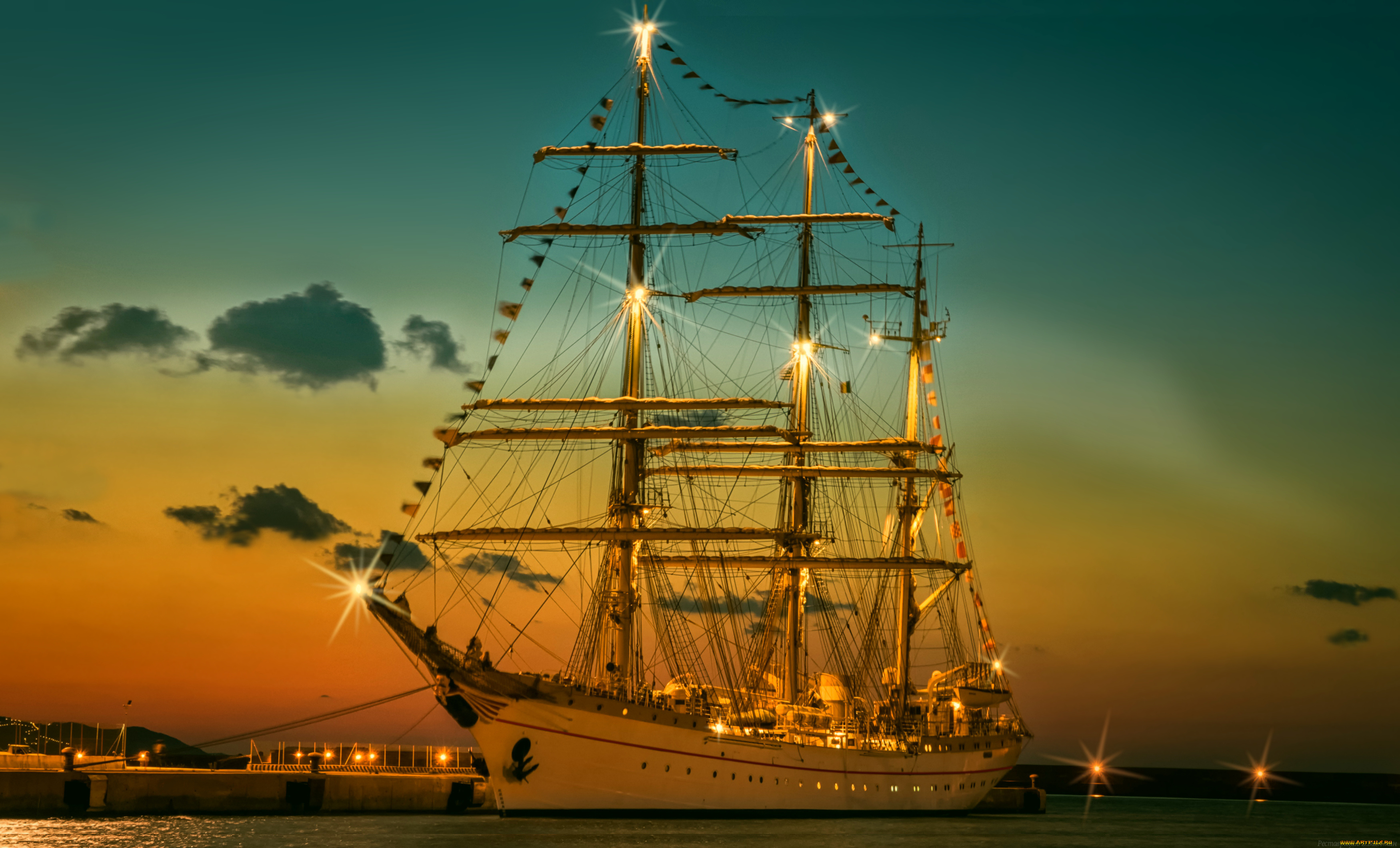 корабли, парусники, ночь, причал, парусник, огни