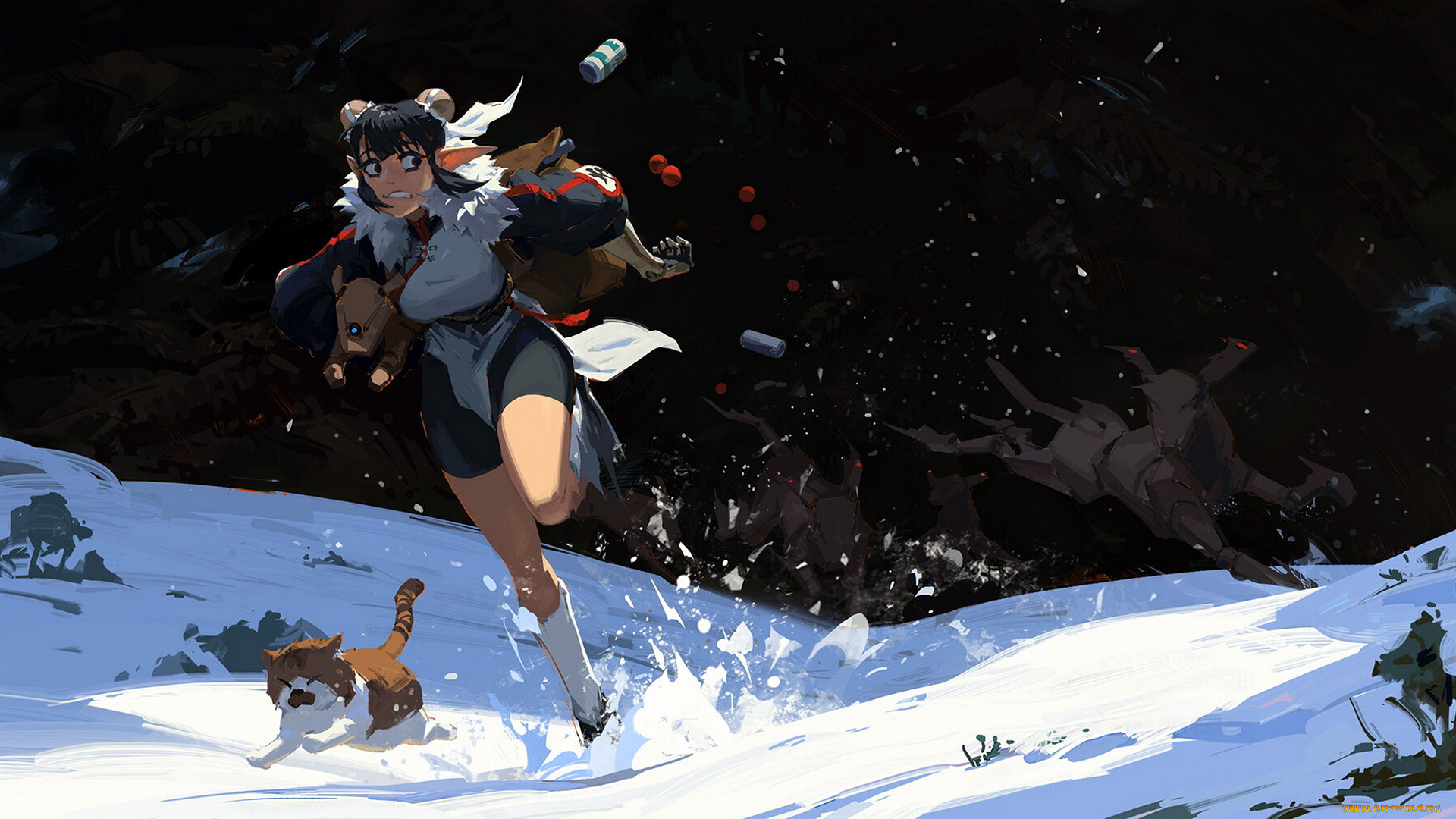 аниме, животные, , существа, девушка, кот, собаки, бег, снег, погоня