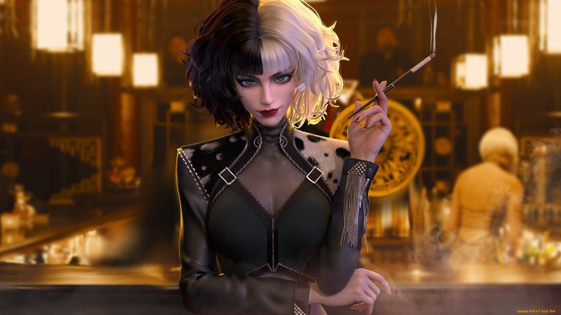 3д, графика, люди, , people, disney, smoke, bar, women, digital, art, fan, cigarettes, multi-colored, hair, cruella, de, vil, tangqiuqiu