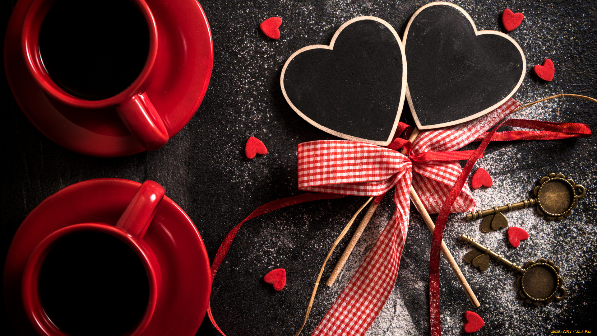 еда, кофе, , кофейные, зёрна, чашки, сердечки, ленты, ключи