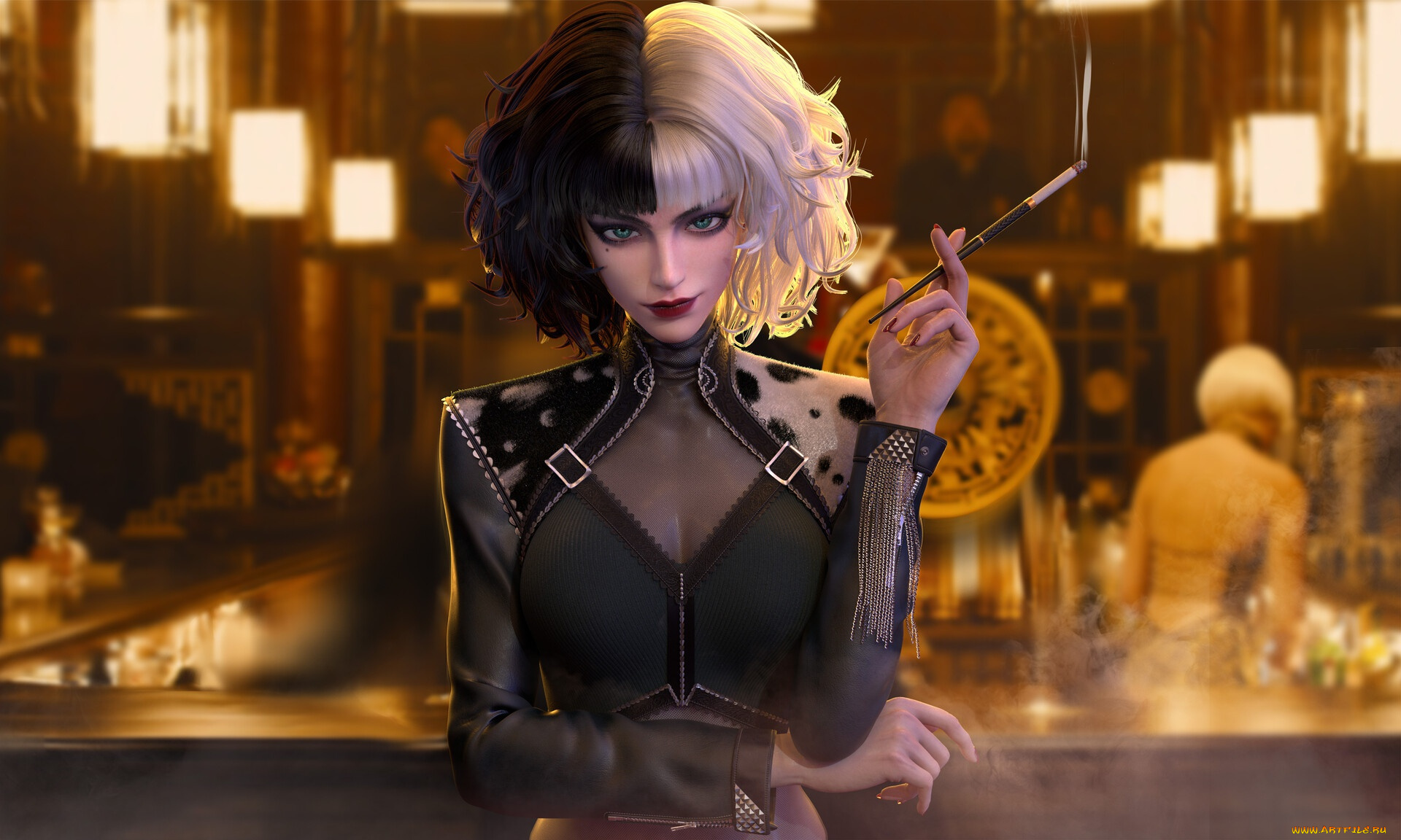 3д, графика, люди, , people, disney, smoke, bar, women, digital, art, fan, cigarettes, multi-colored, hair, cruella, de, vil, tangqiuqiu