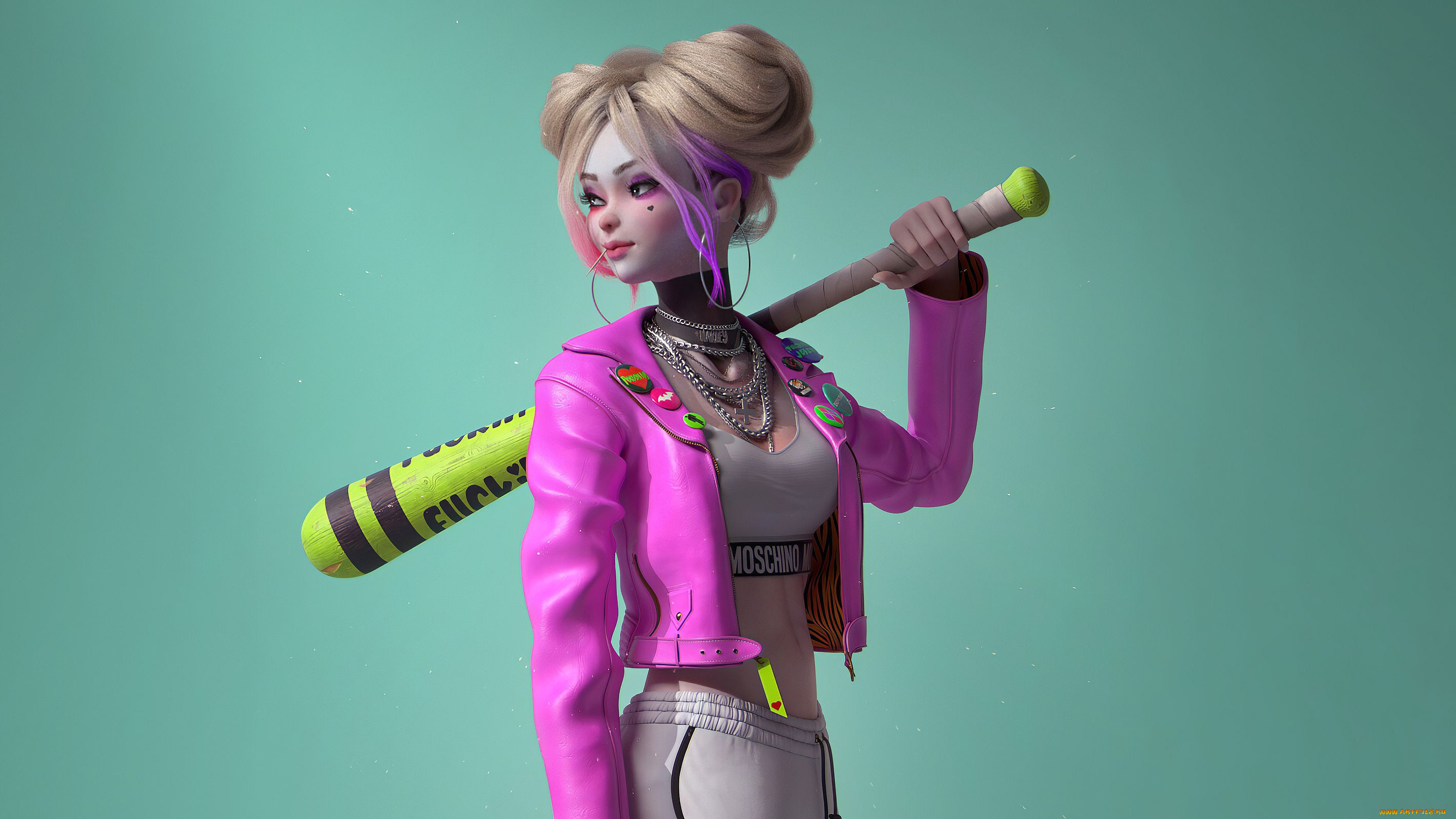 3д, графика, люди, , people, взгляд, блондинка, большая, грудь, хулиганка, значки, бейсбольная, бита, look, blonde, цепочки, harley, quinn, харли, квин, big, breasts, baseball, bat, розовая, куртка, grey, top, серый, топ
