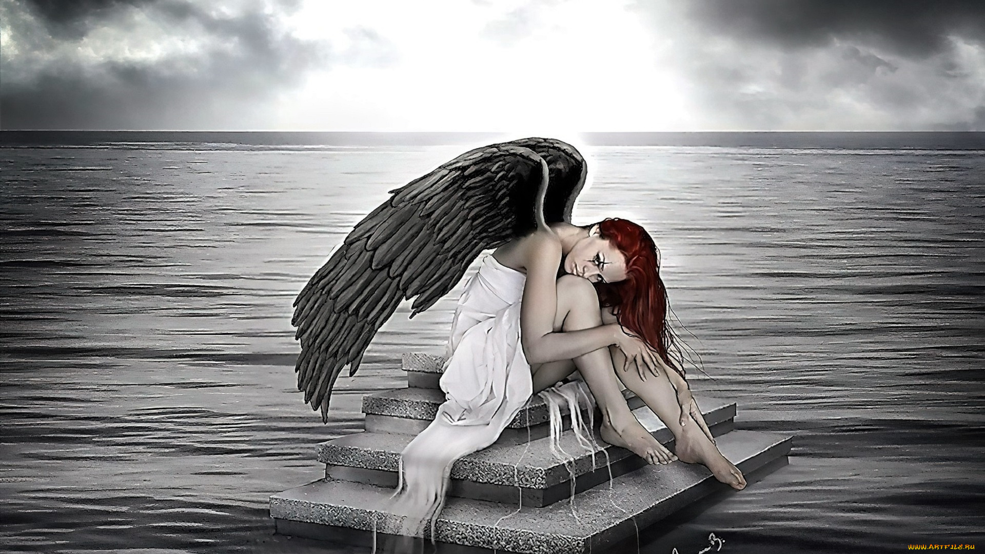 фэнтези, ангелы, девушка, ангел, крылья, море, ступени