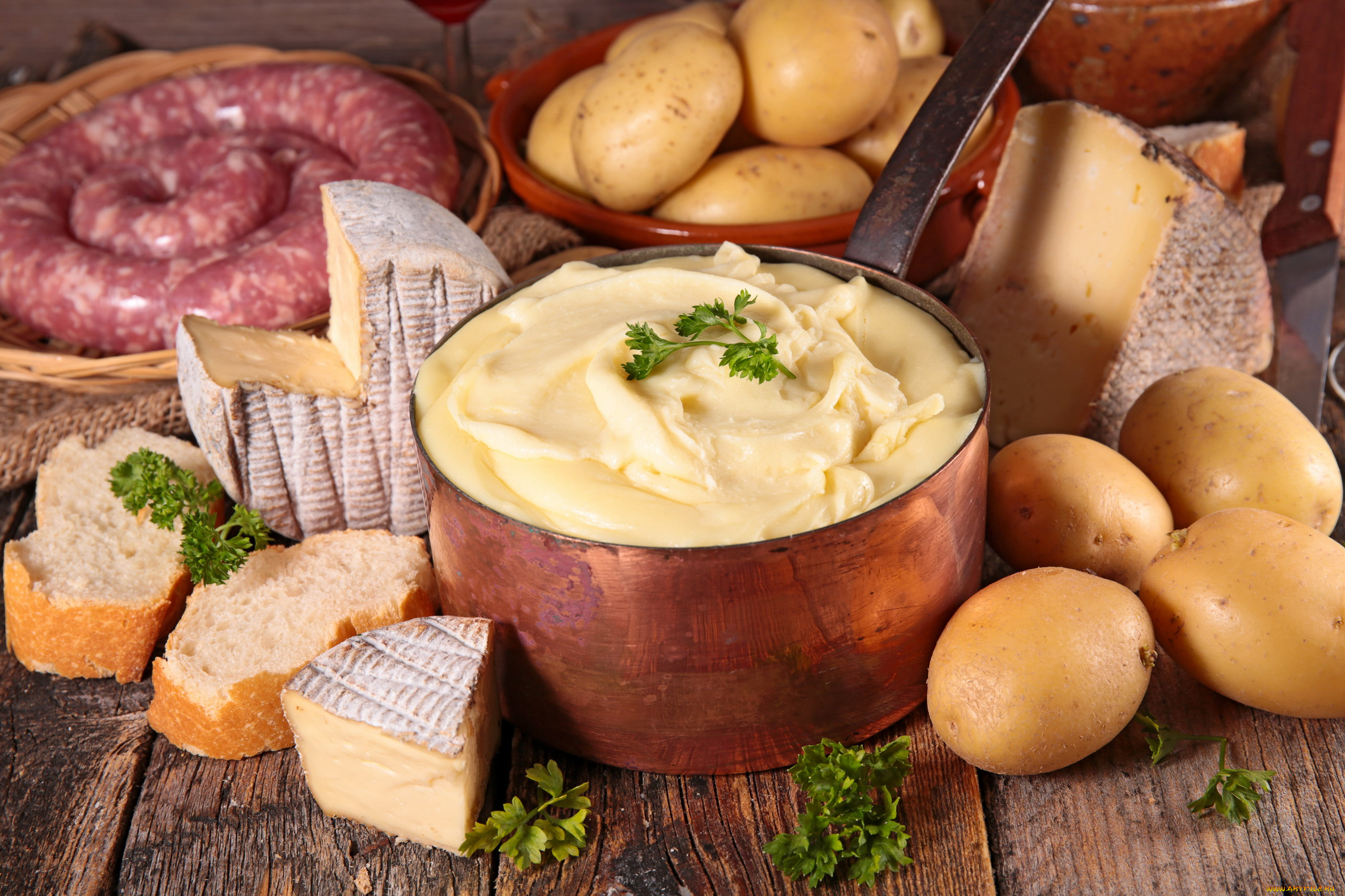 еда, разное, картофель, клубни, сыр, картофельное, пюре, колбаса