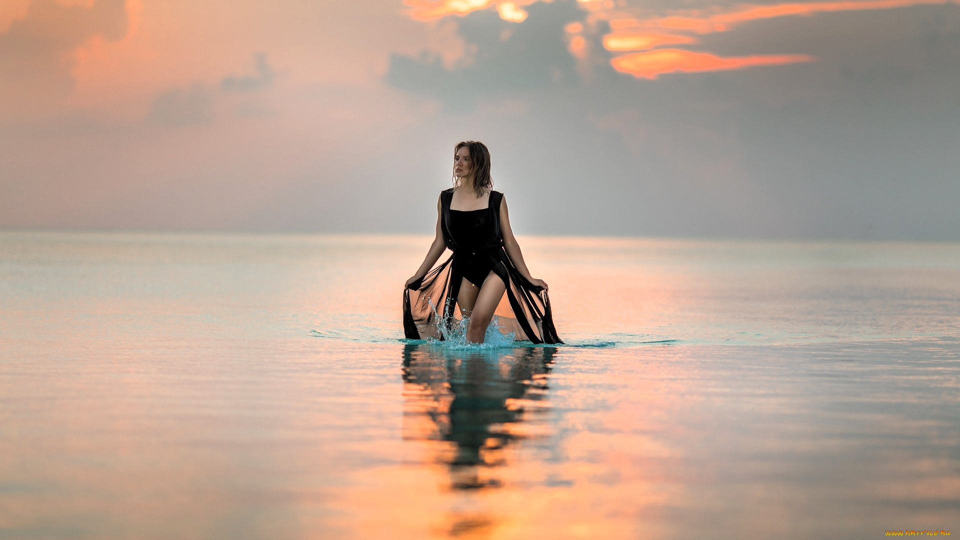 девушки, -, брюнетки, , шатенки, шатенка, платье, море