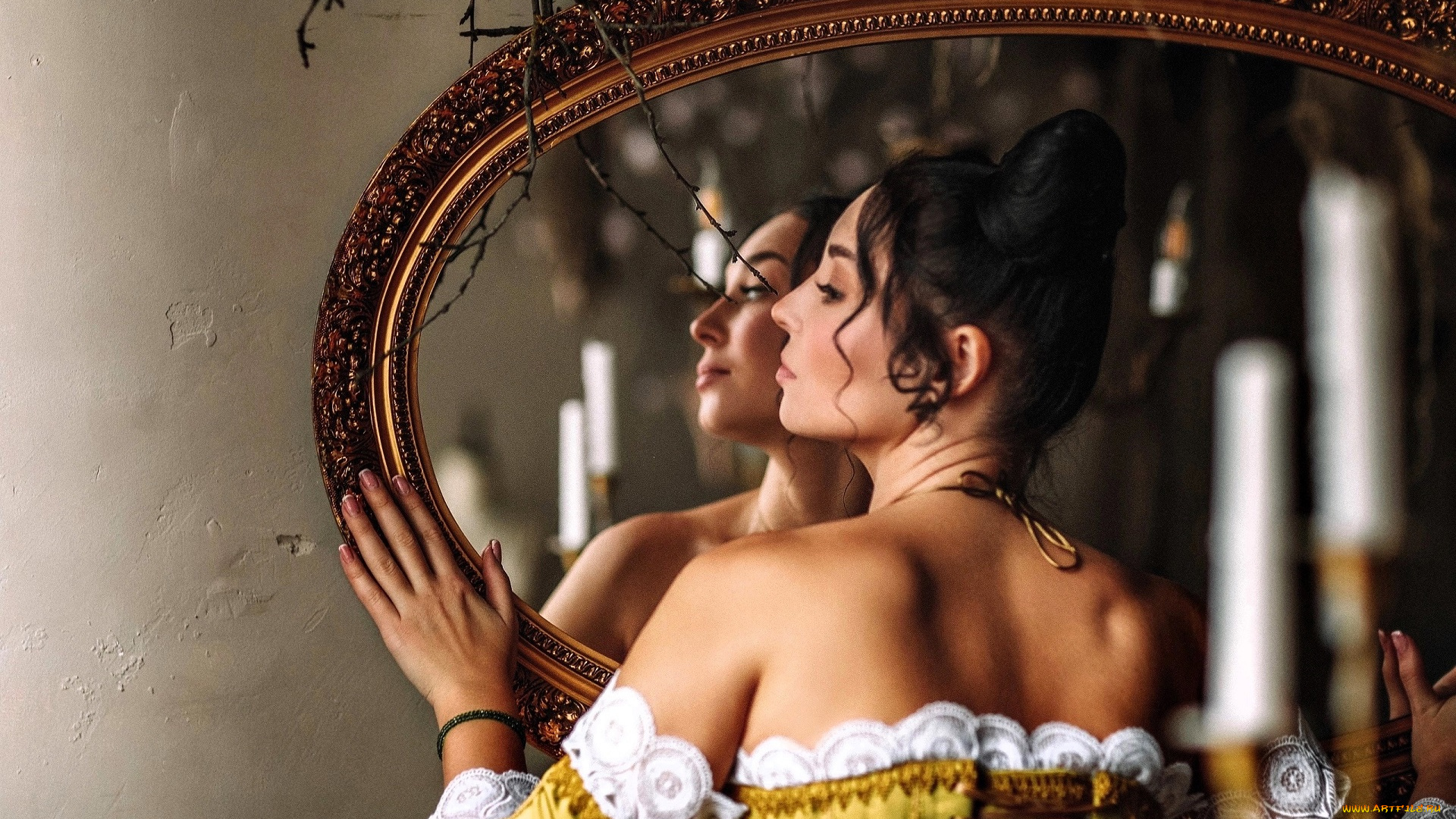 девушки, анна, шаховская, брюнетка, платье, корсет, зеркало, ветка