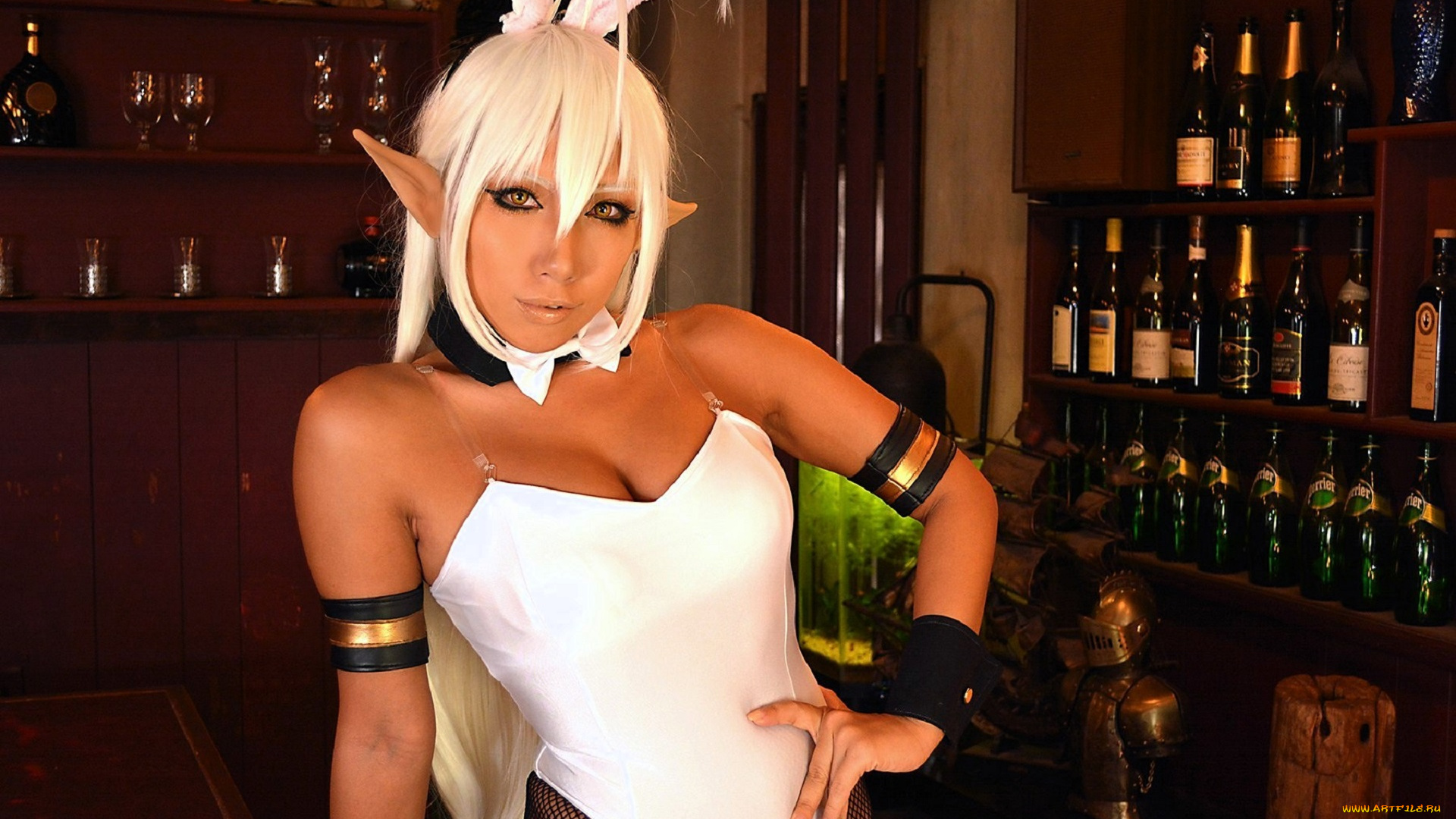 девушки, nonsummerjack, образ, косплей, наряд, ушки, боди, бар, бутылки