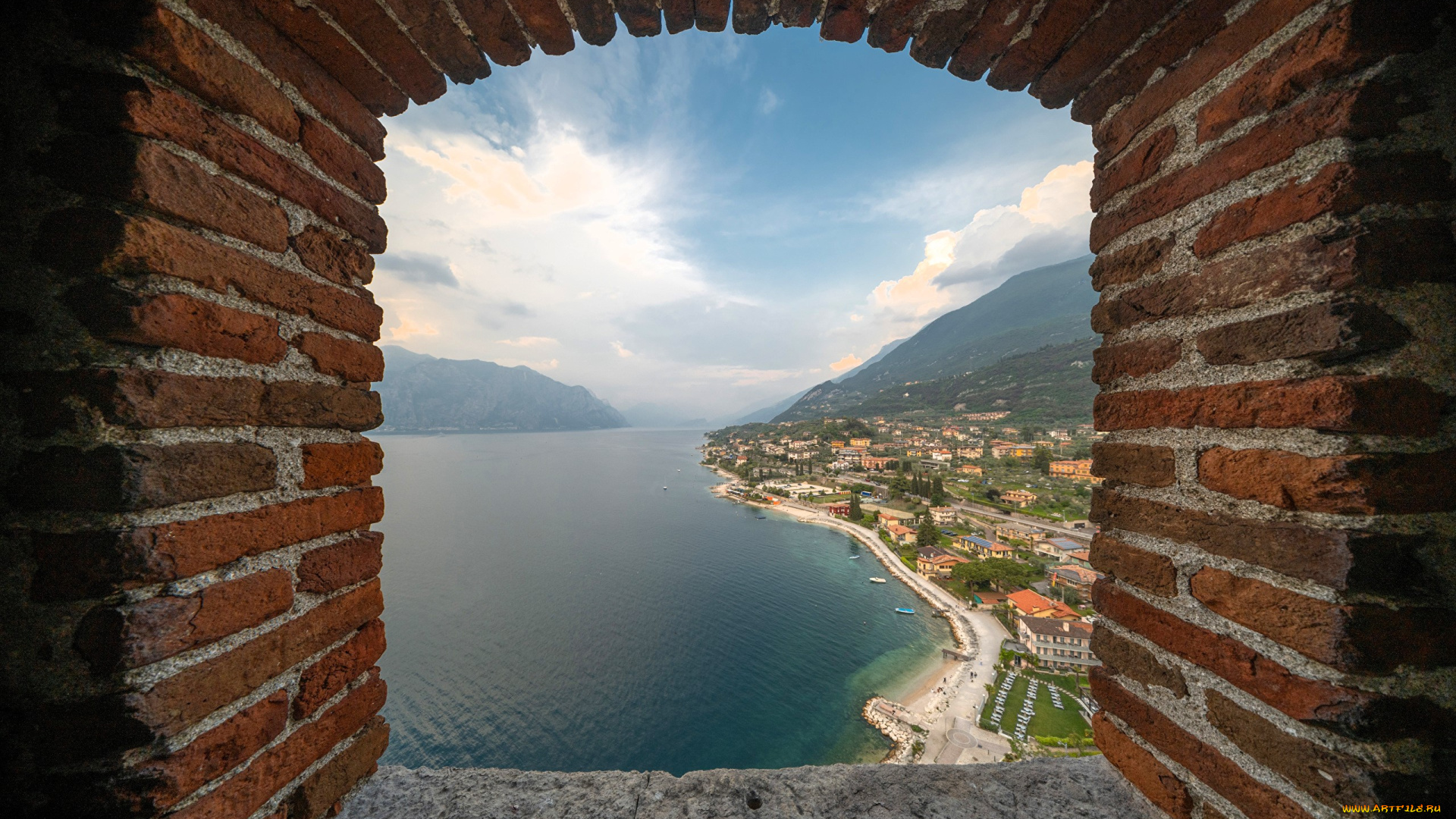 города, -, панорамы, окно, кирпичи, панорама, озеро, горы, поселение, дома