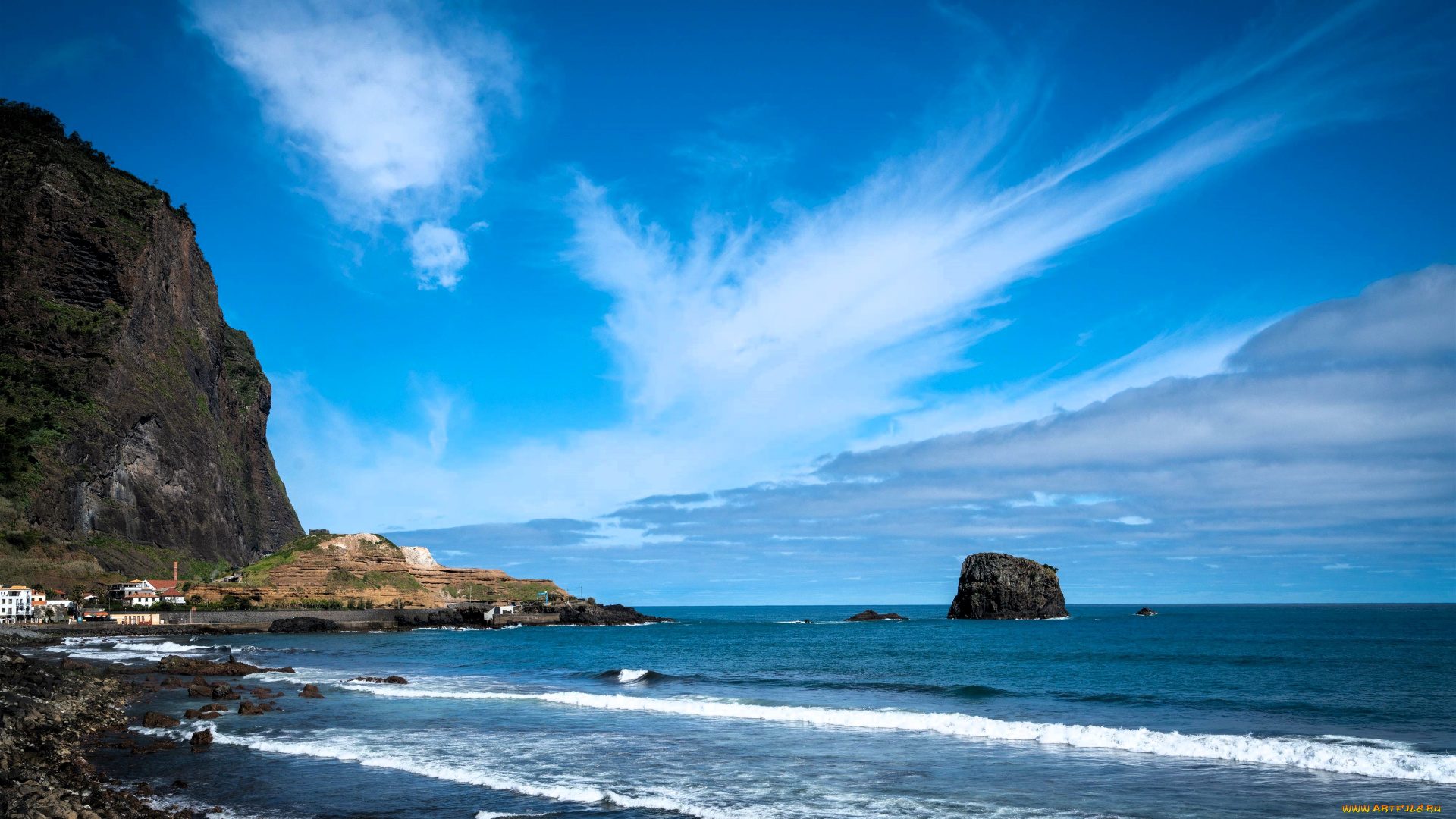 природа, побережье, небо, облака, море, скалы, берег, дома