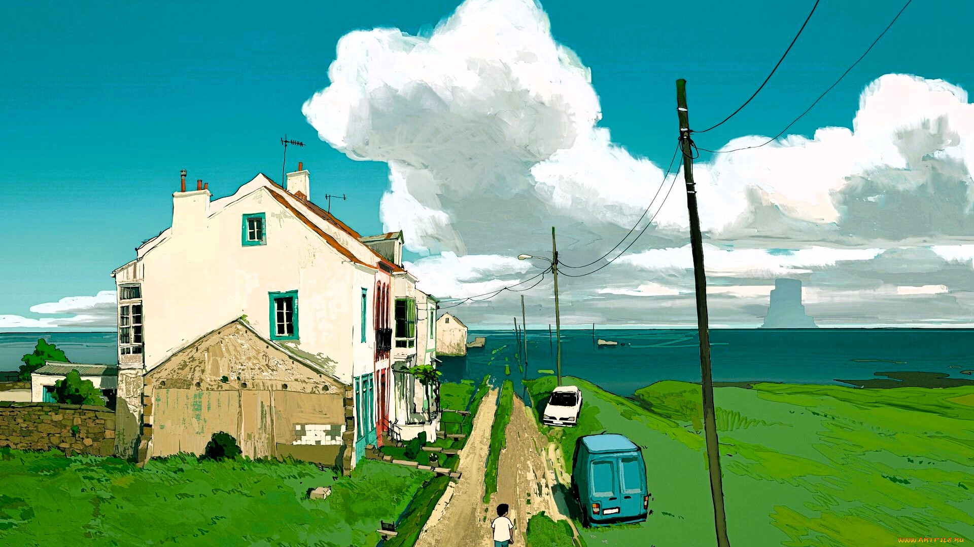 рисованное, города, дома, дорога, море, машины, провода, облака, мальчик