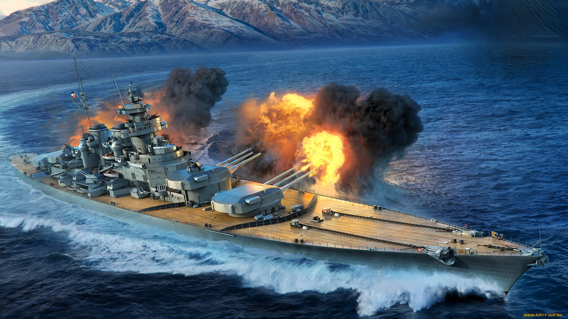 видео, игры, world, of, warships, корабль, огонь, море, горы