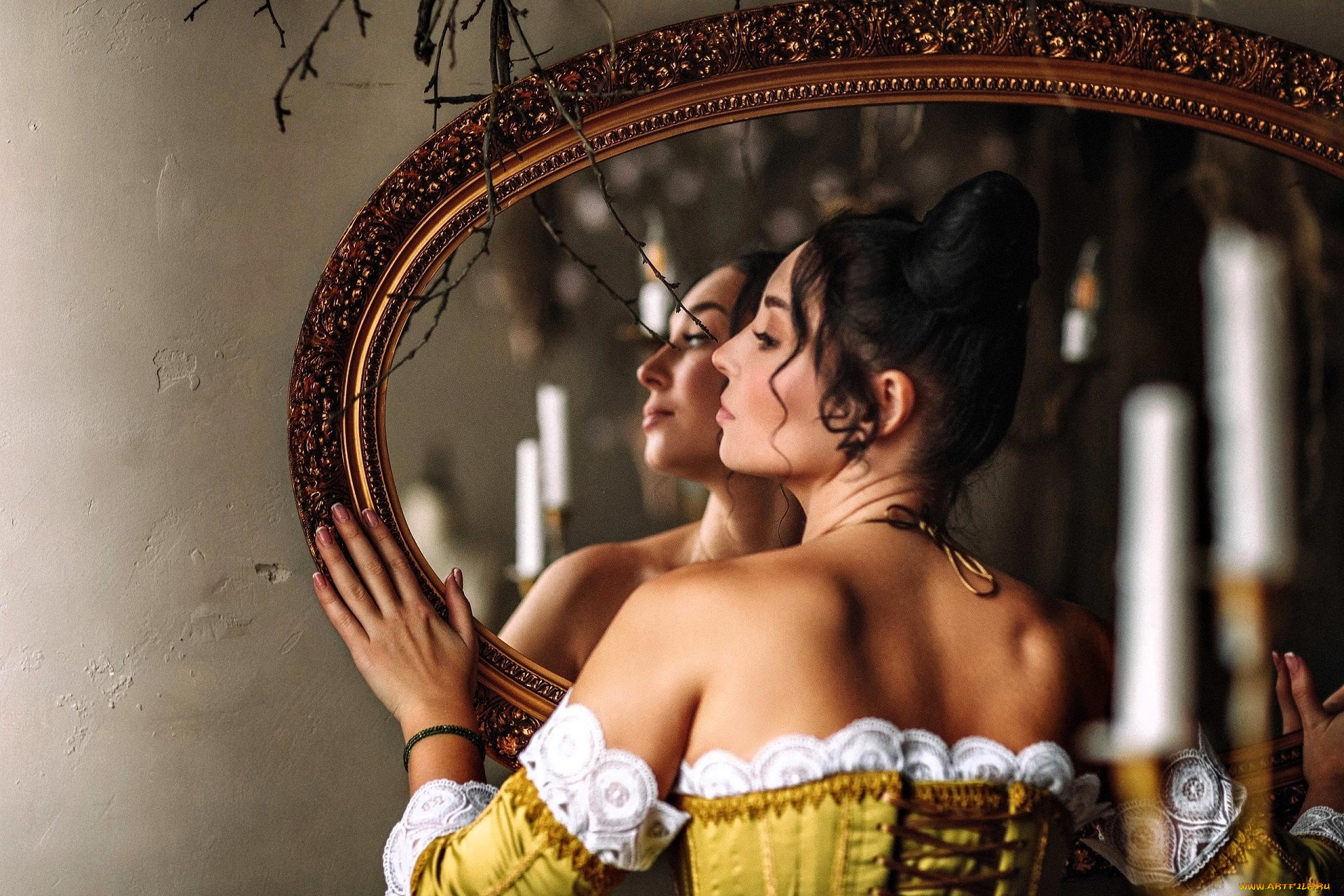 девушки, анна, шаховская, брюнетка, платье, корсет, зеркало, ветка