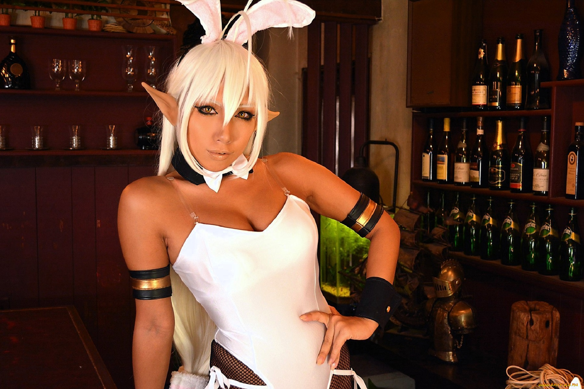 девушки, nonsummerjack, образ, косплей, наряд, ушки, боди, бар, бутылки