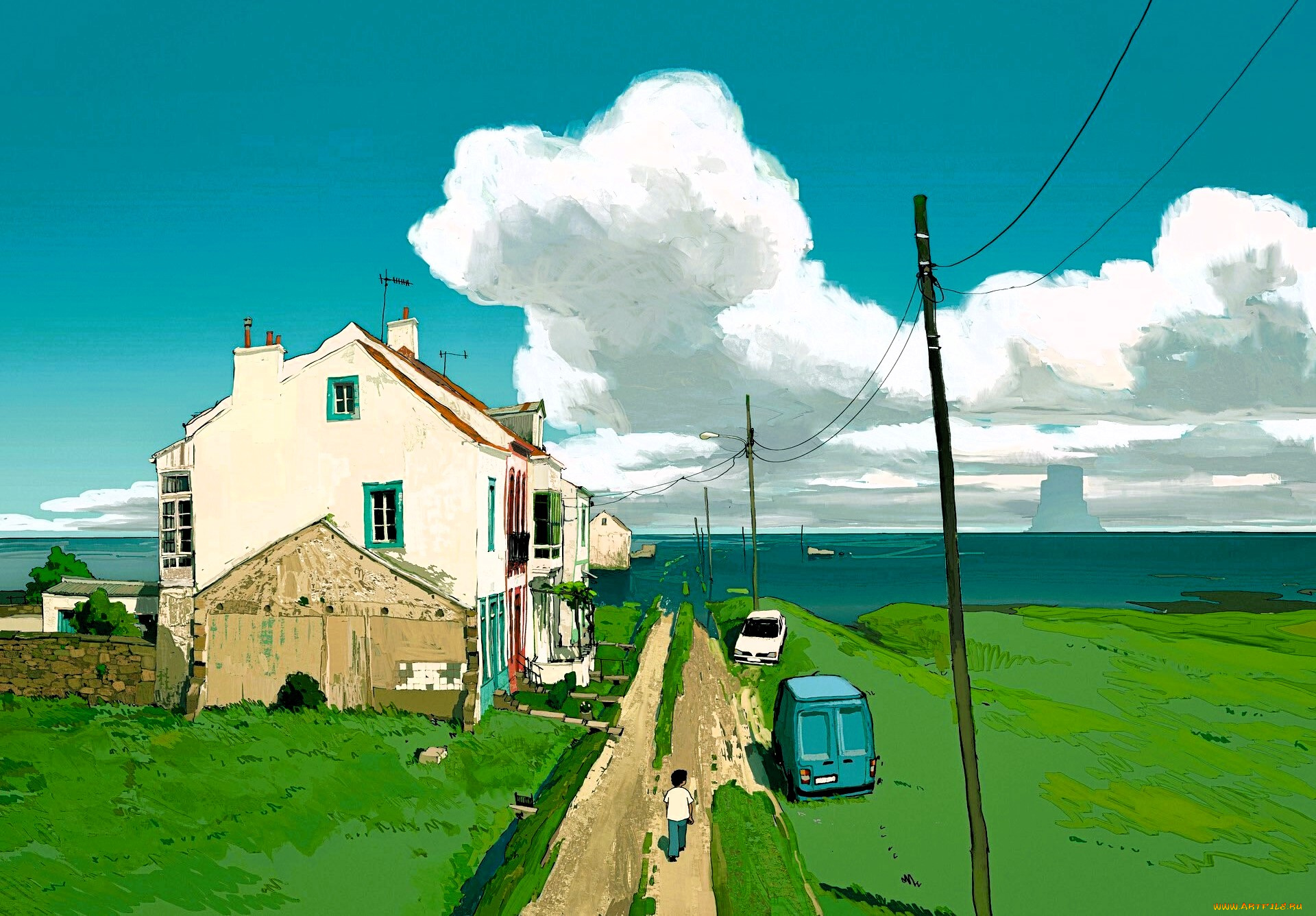 рисованное, города, дома, дорога, море, машины, провода, облака, мальчик