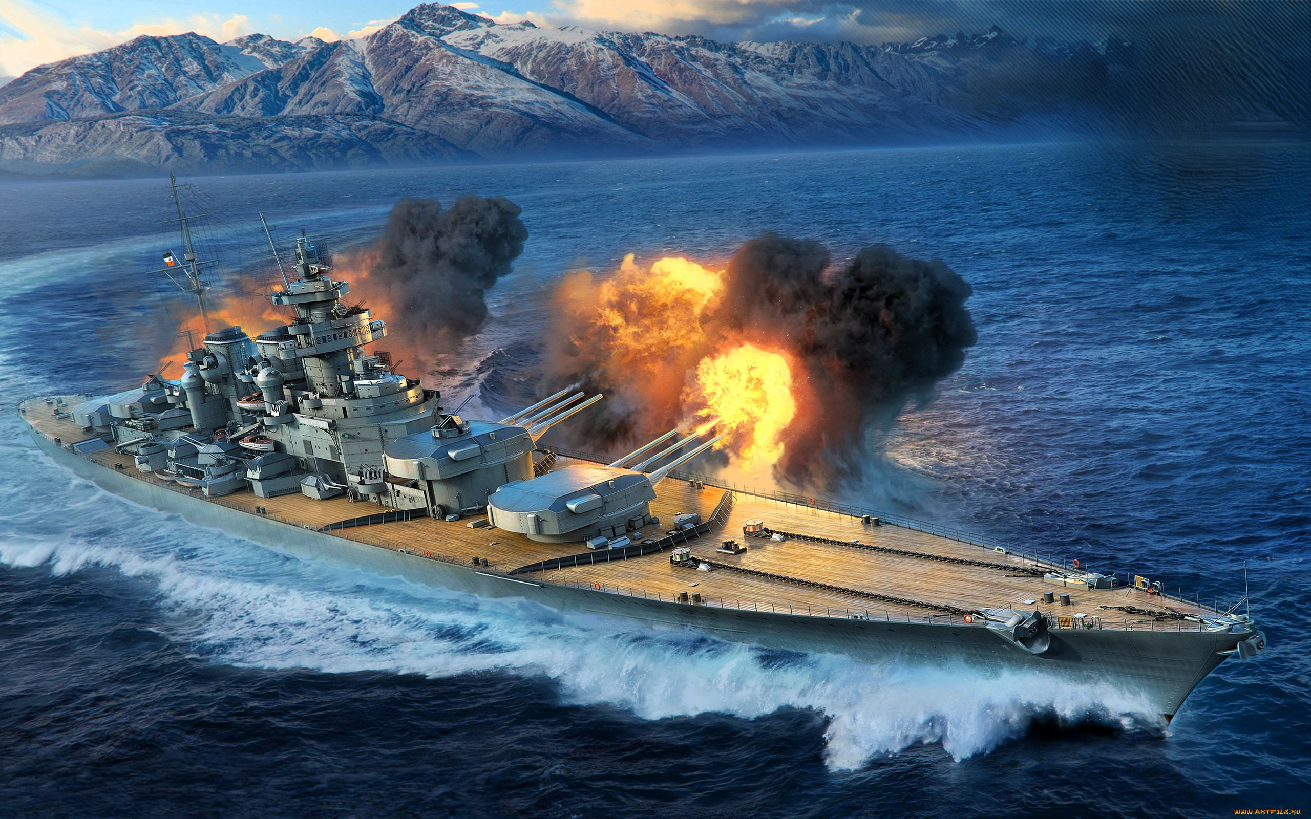 видео, игры, world, of, warships, корабль, огонь, море, горы