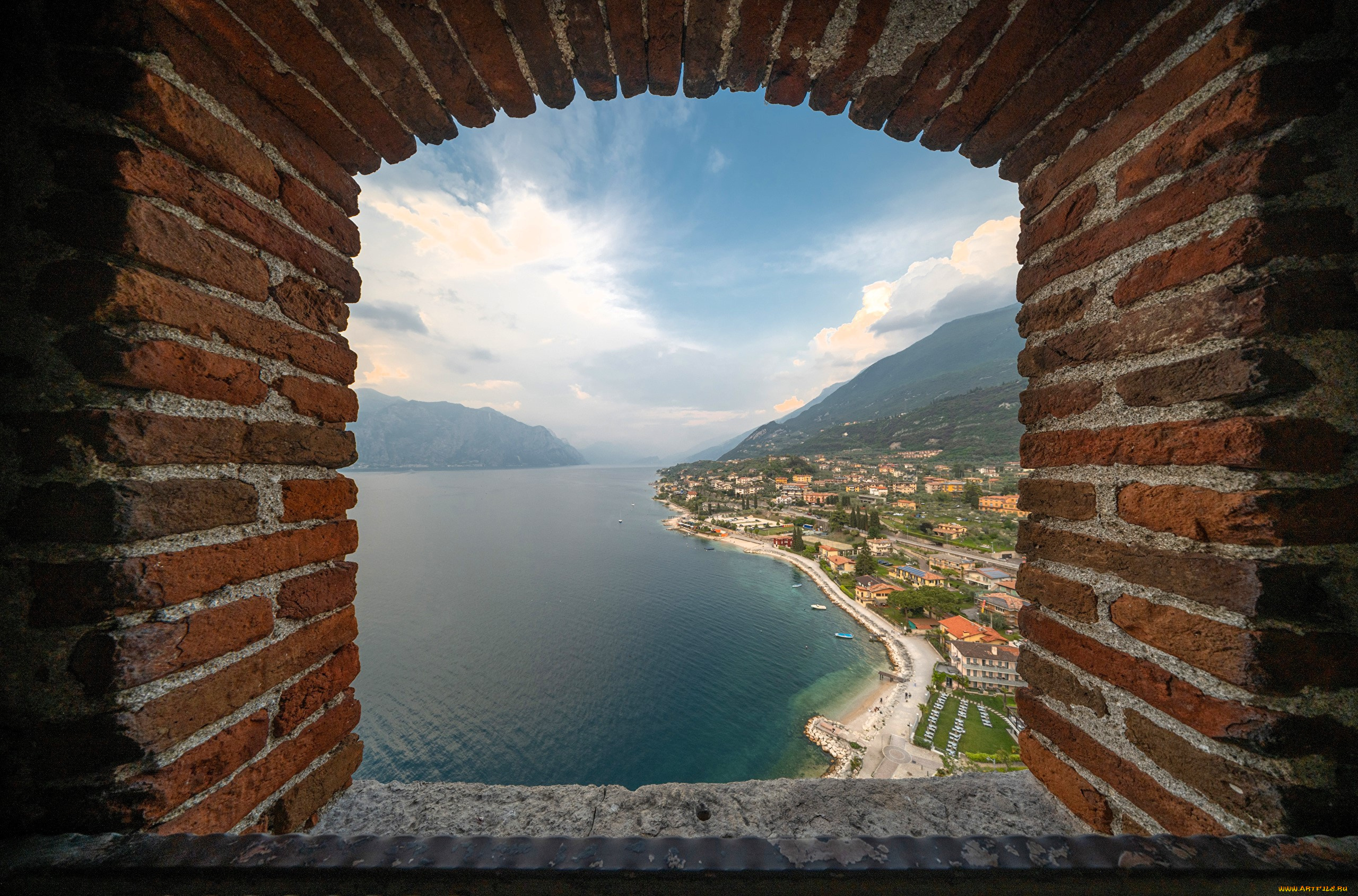 города, -, панорамы, окно, кирпичи, панорама, озеро, горы, поселение, дома