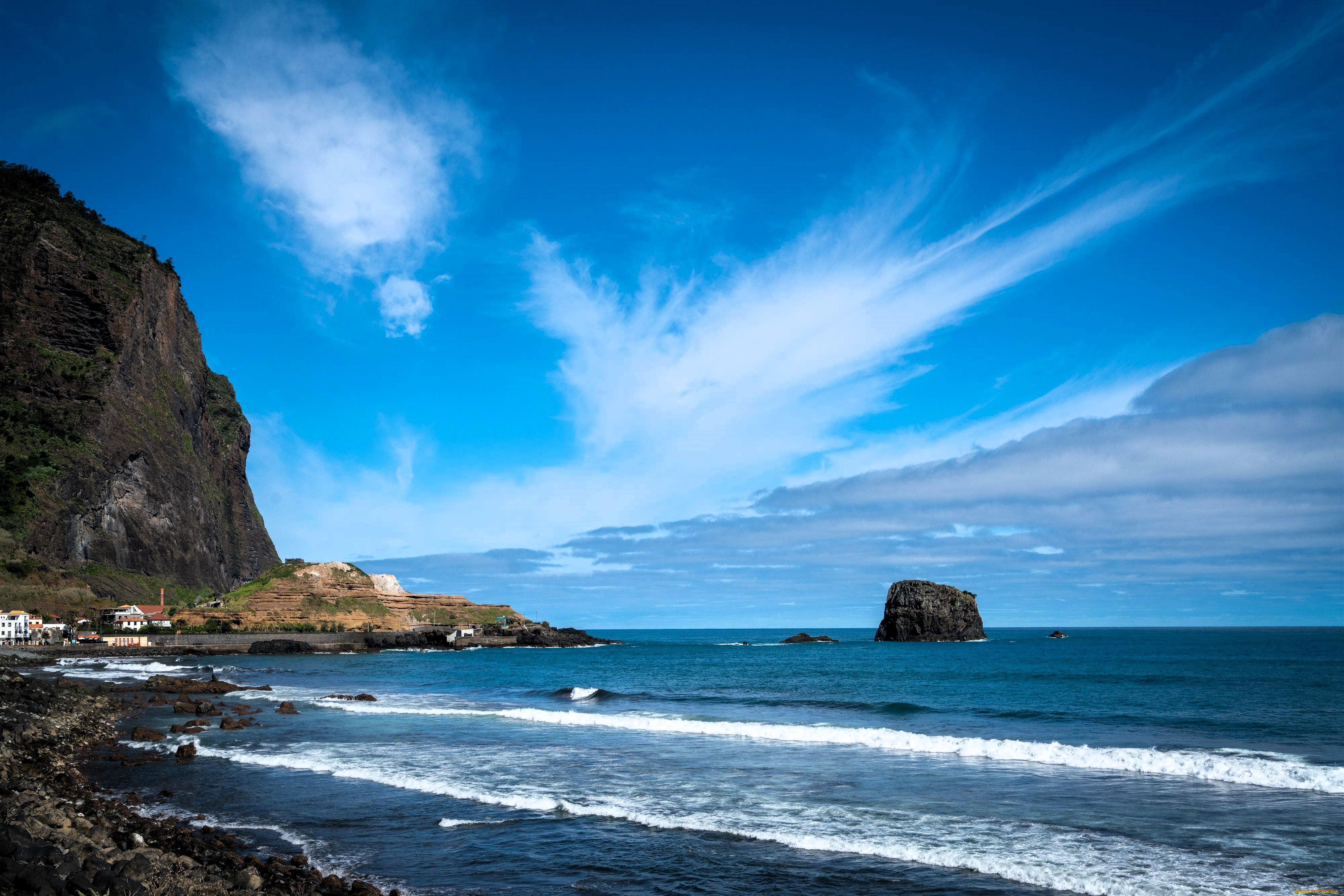 природа, побережье, небо, облака, море, скалы, берег, дома
