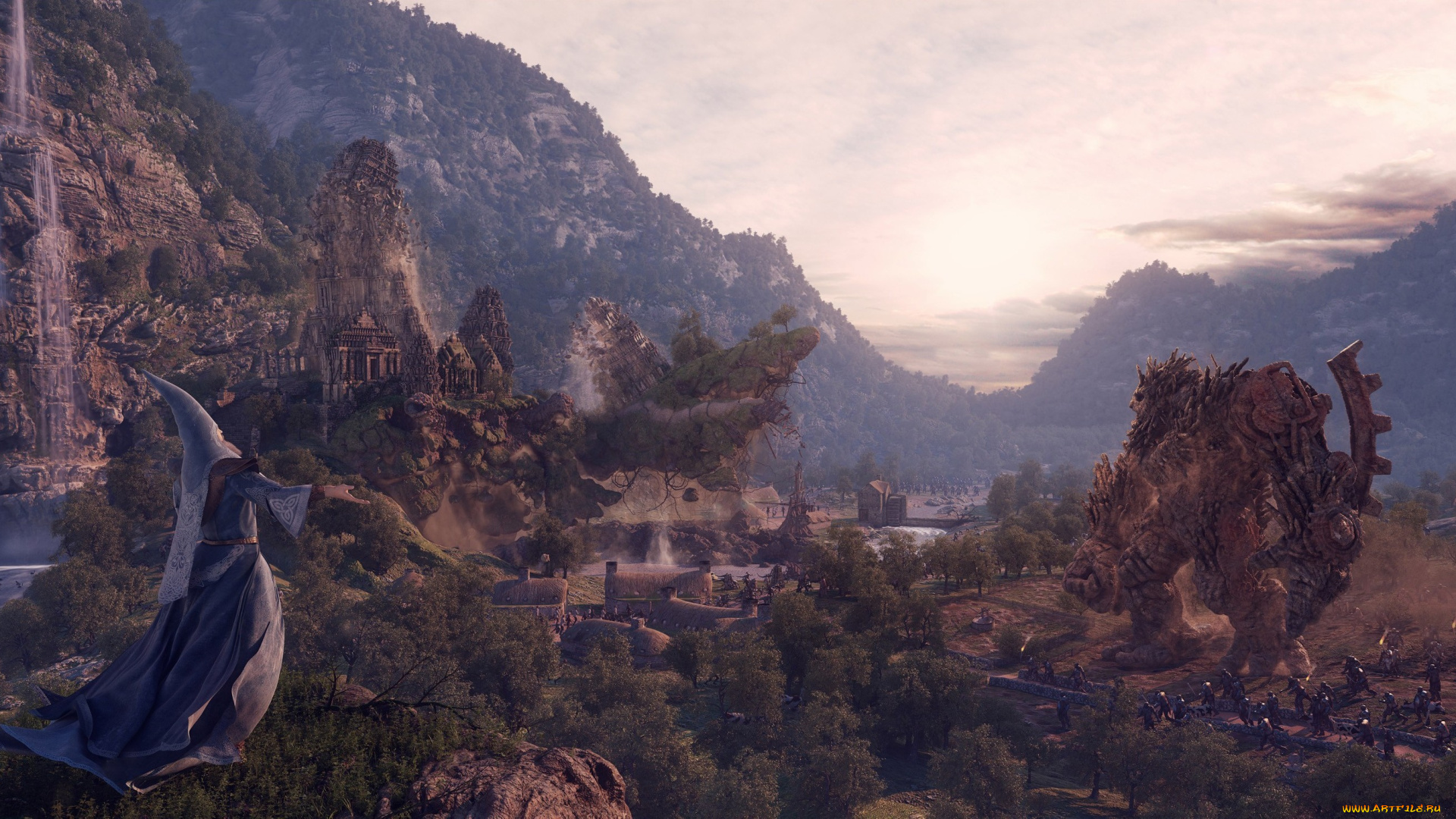 3д, графика, fantasy, фантазия, маг, чудовище, деревня, пейзаж, колдун