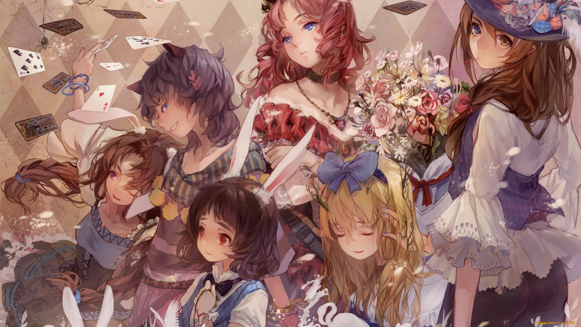 аниме, alice, in, wonderland, карты, цветы