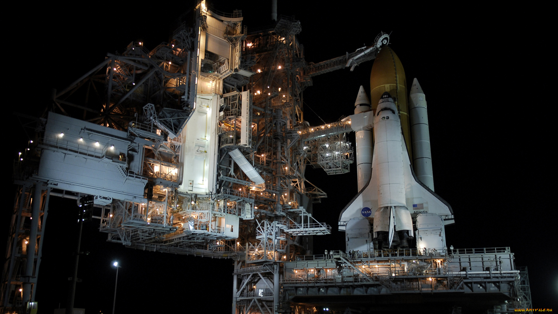 атлантис, космос, космодромы, стартовые, площадки, nasa, шаттл, запуск, ночь, небо, огни