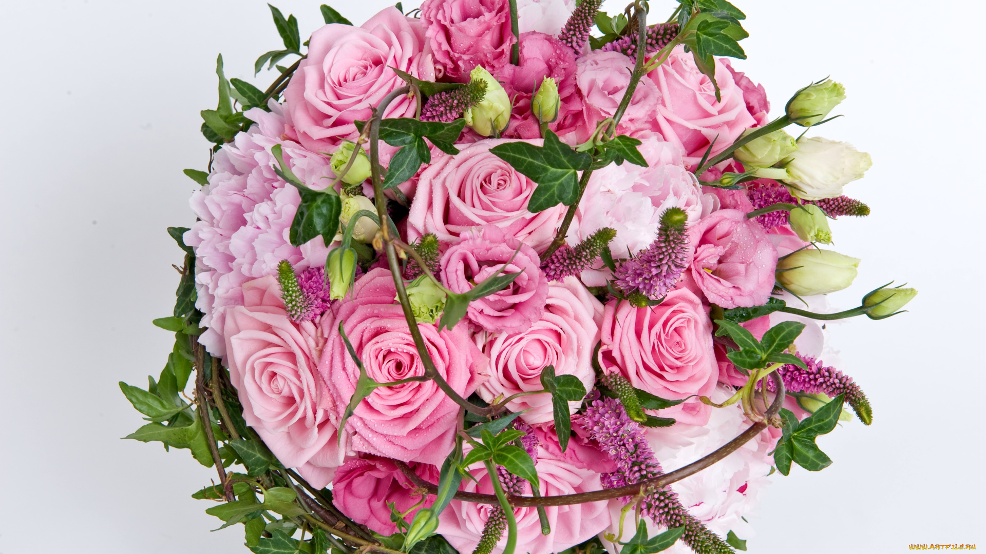 цветы, букеты, композиции, розовый, эустома, розы