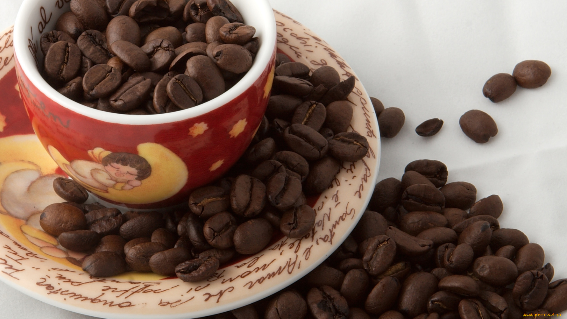 еда, кофе, кофейные, зёрна, чашка, блюдце, зерна