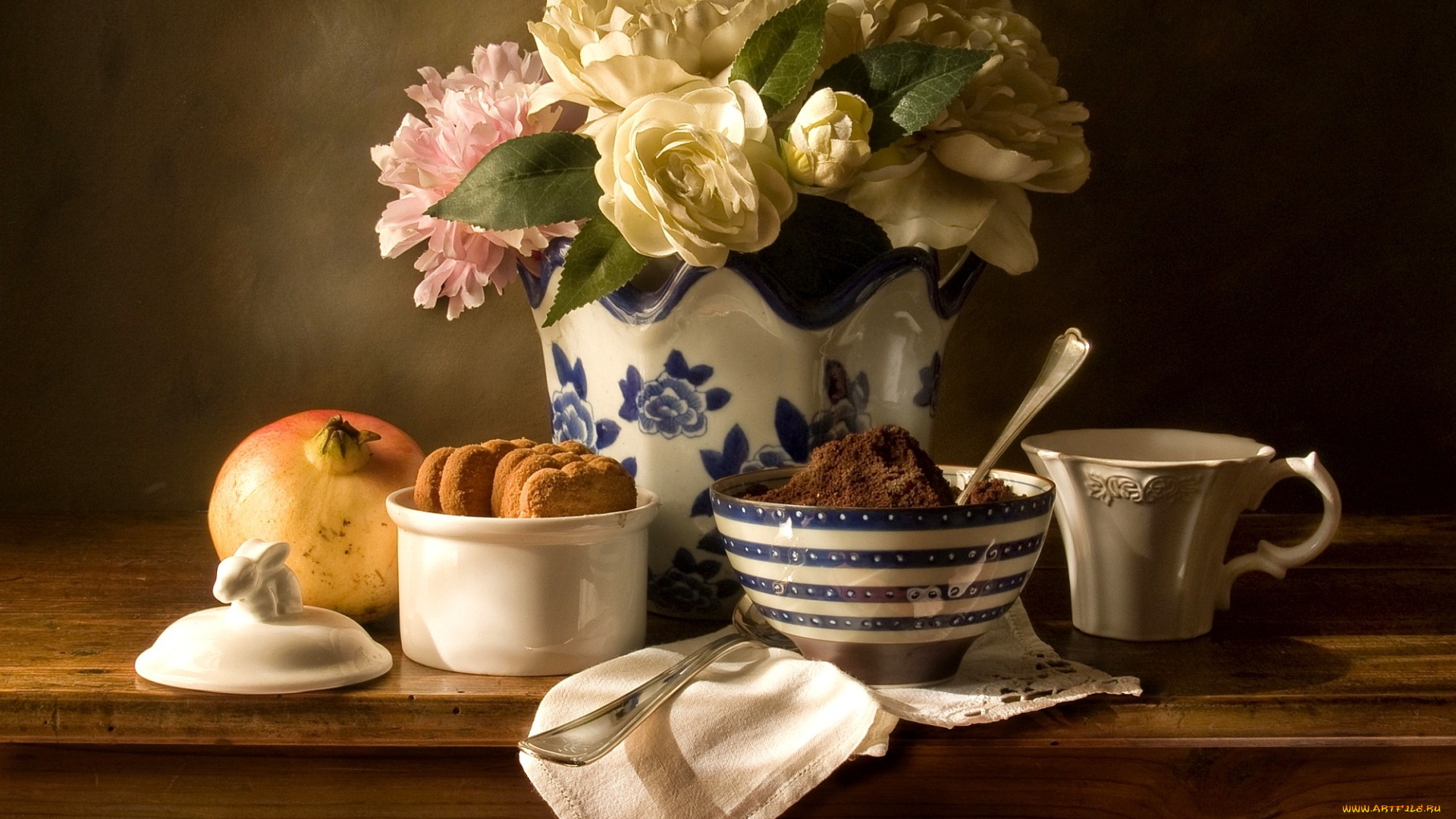 еда, натюрморт, чашка, какао, печенье, букет, гардения, гранат