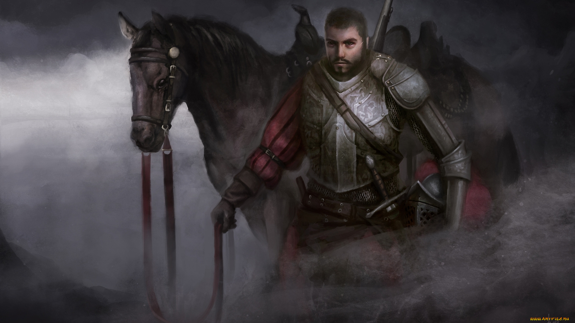 фэнтези, люди, туман, меч, доспех, конь, мужчина, bram, sels