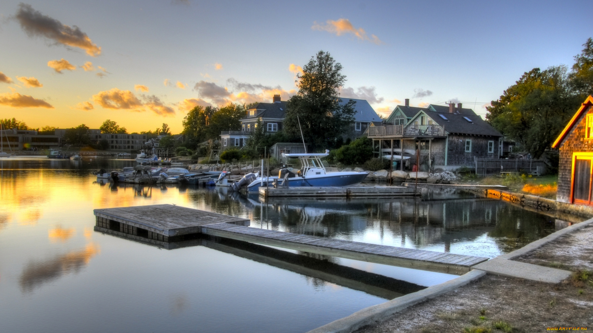 корабли, порты, причалы, вечер, река, причал, лодка, дом
