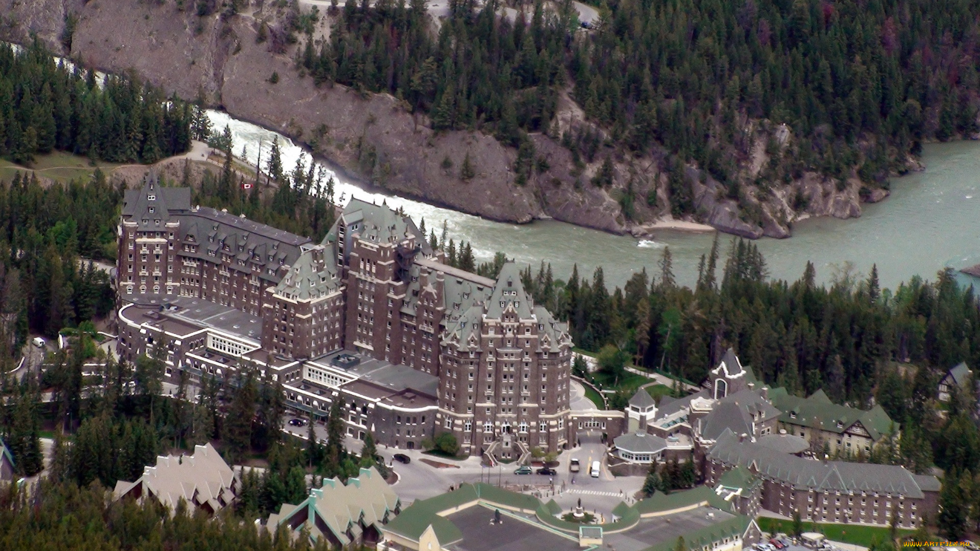 отель, спрингз, города, здания, дома, горы, река