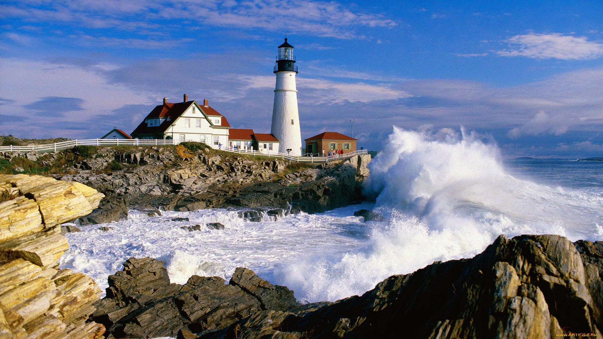 природа, маяки, пена, волна, камни, брызги, забор, прибой, скалы