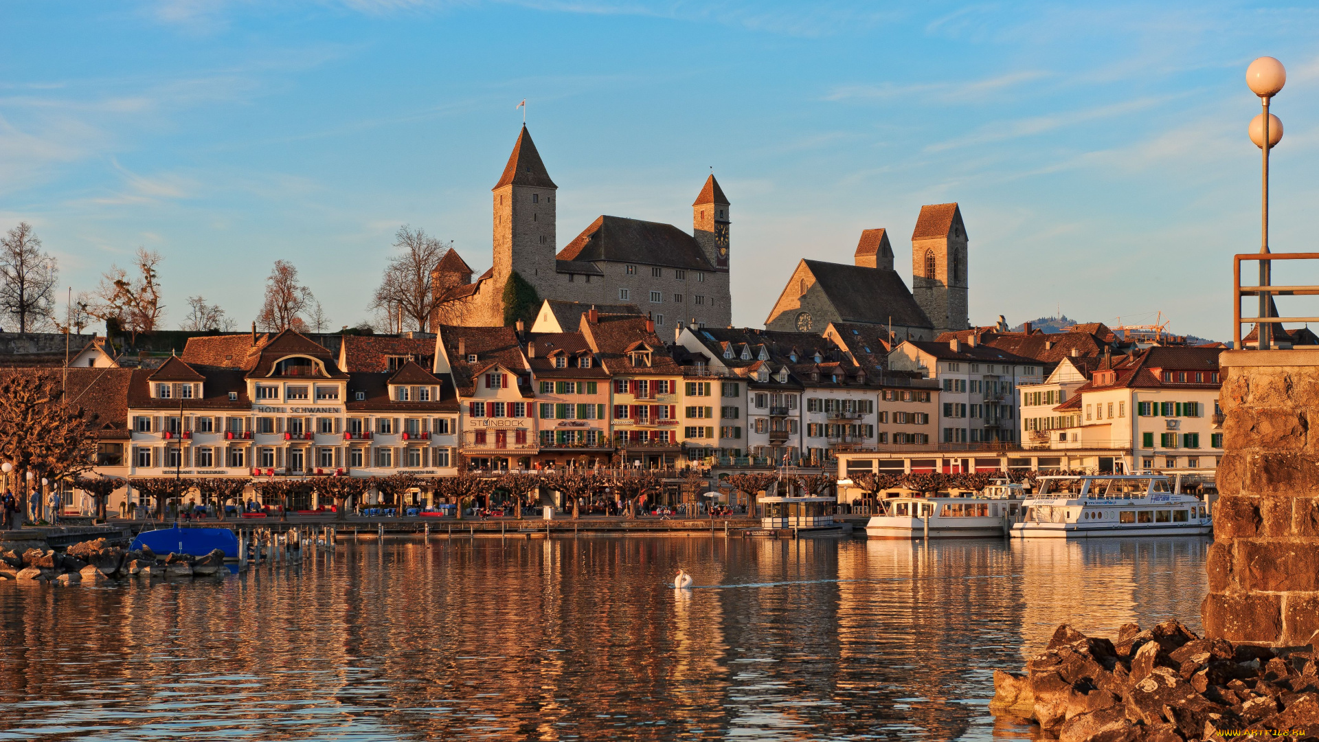 rapperswil, switzerland, города, улицы, площади, набережные, швейцария, набережная, река, замок, здания