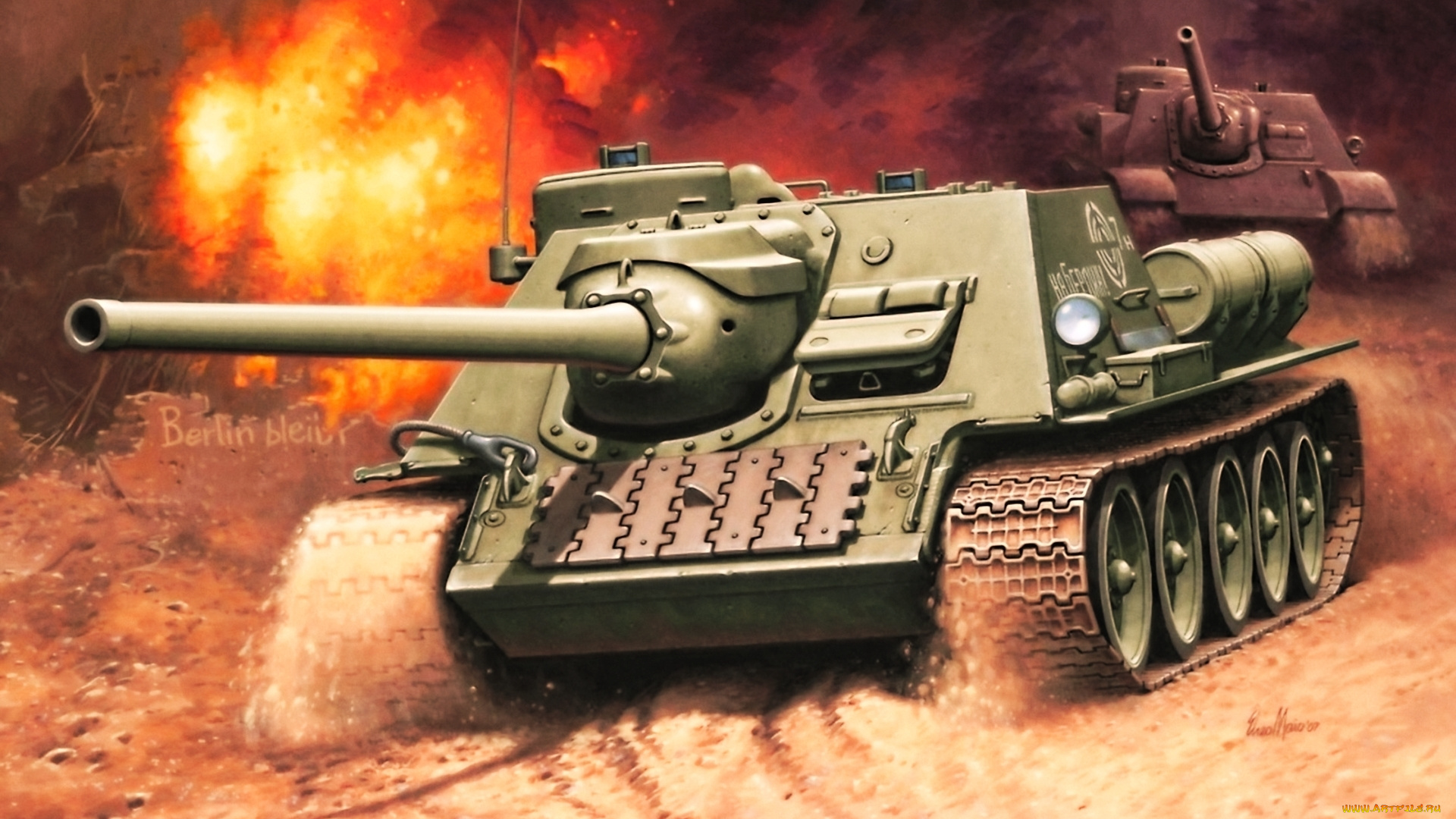 рисованные, армия, су-100, ссср, вторая, мировая, enzo, maio, сау, самоходно-артиллерийская, установка