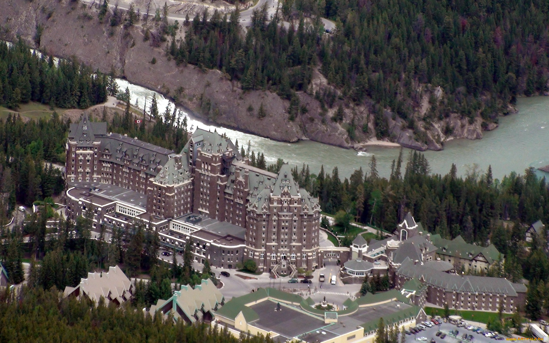 отель, спрингз, города, здания, дома, горы, река