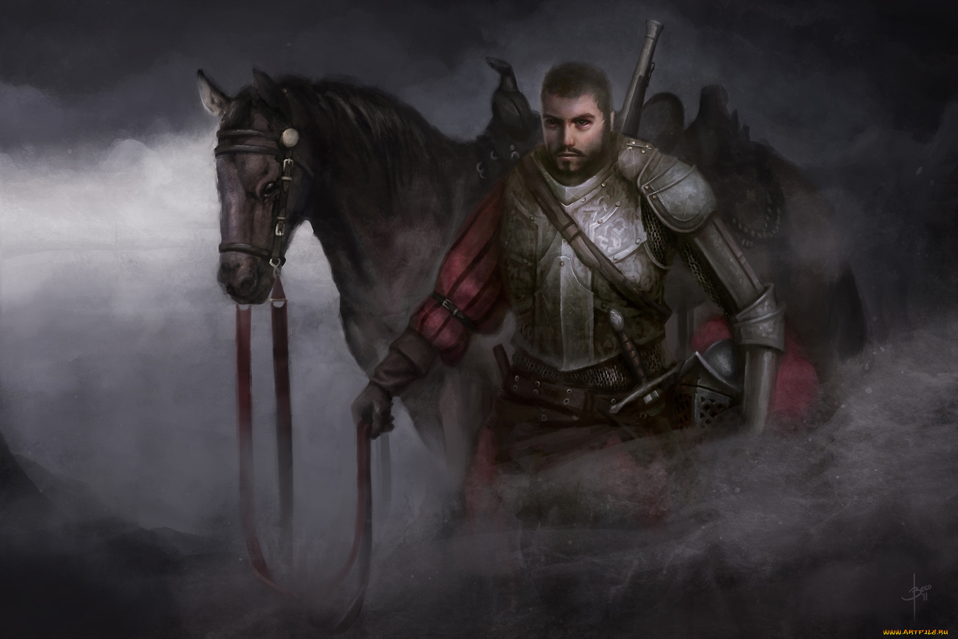 фэнтези, люди, туман, меч, доспех, конь, мужчина, bram, sels