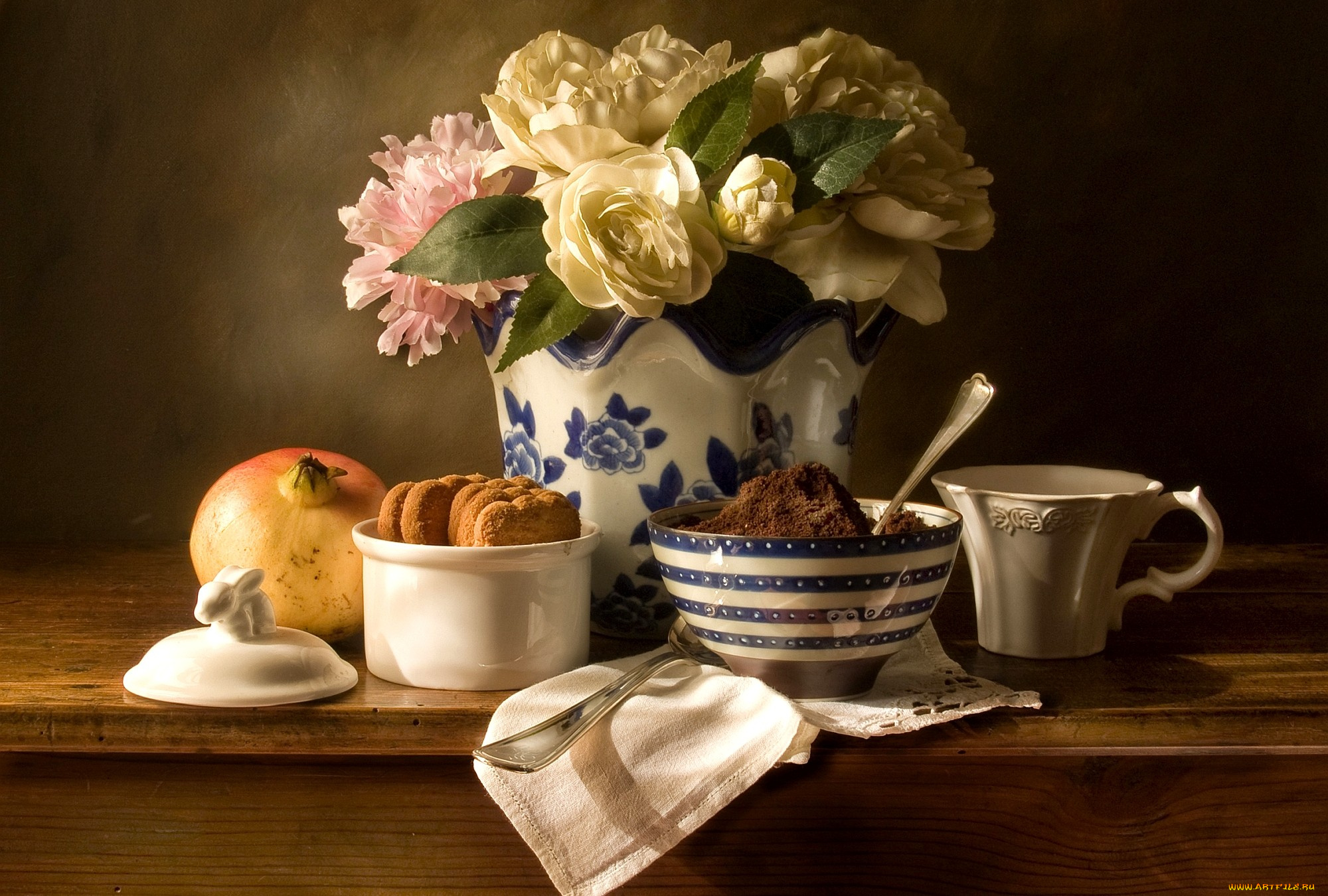 еда, натюрморт, чашка, какао, печенье, букет, гардения, гранат