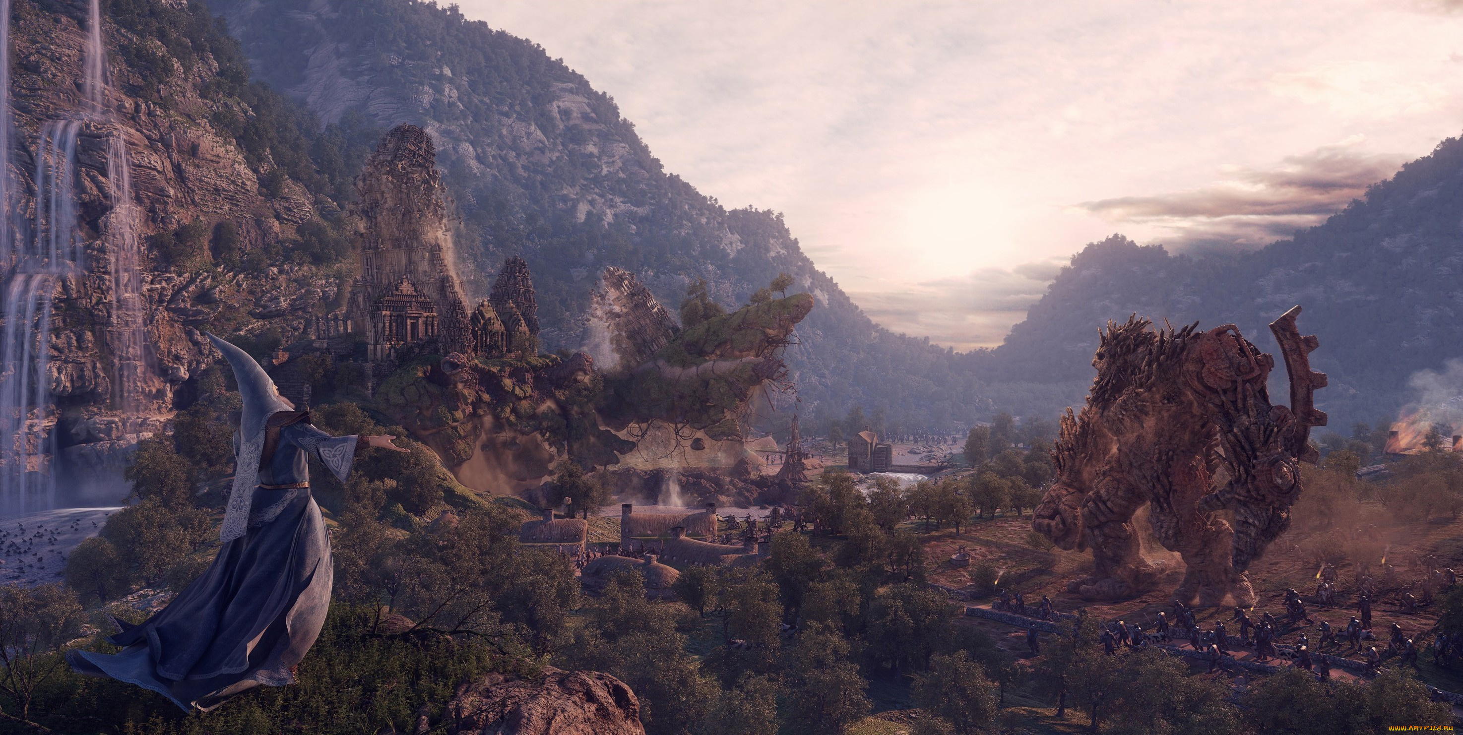 3д, графика, fantasy, фантазия, маг, чудовище, деревня, пейзаж, колдун