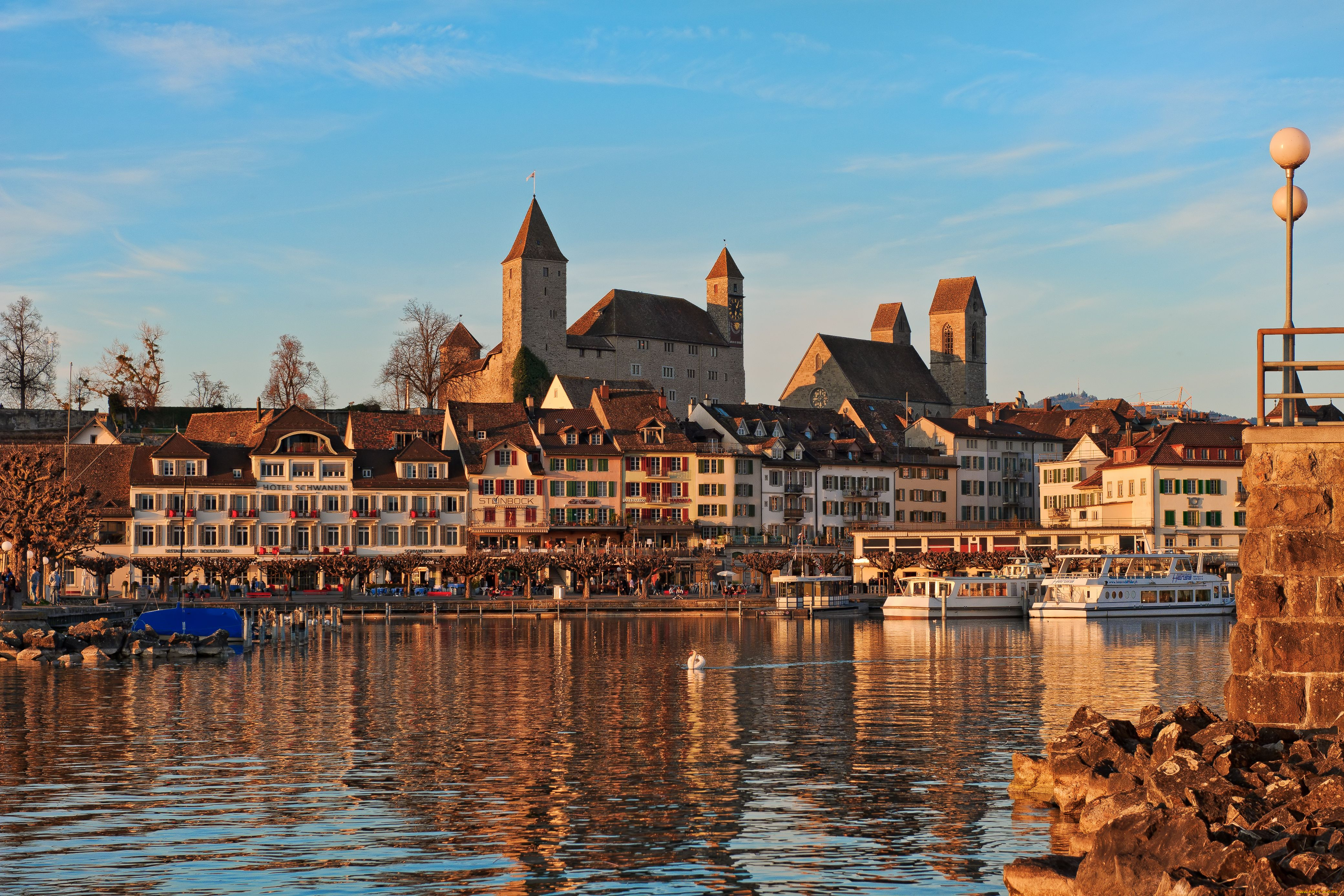 rapperswil, switzerland, города, улицы, площади, набережные, швейцария, набережная, река, замок, здания