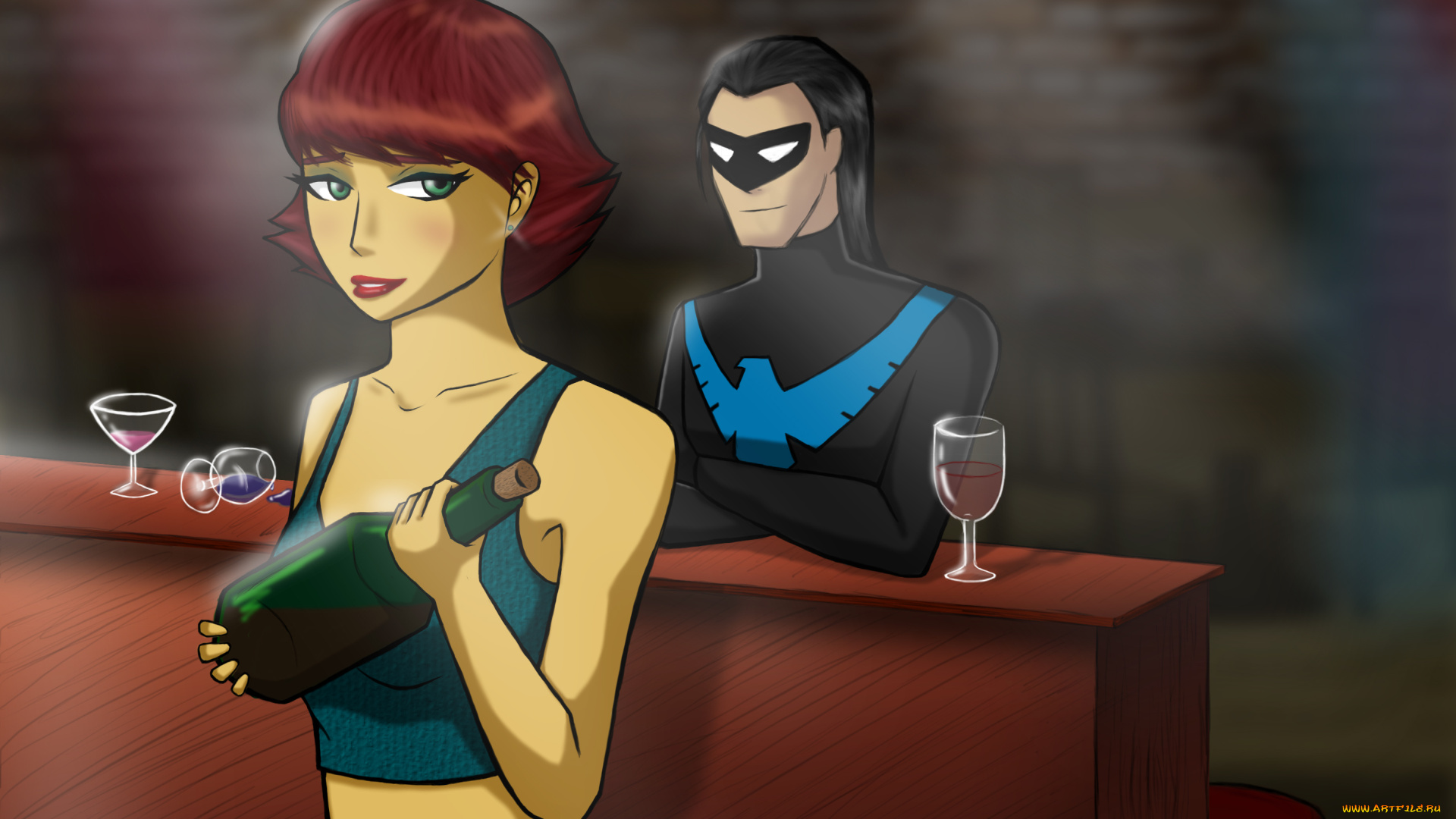 рисованные, комиксы, вино, девушка
